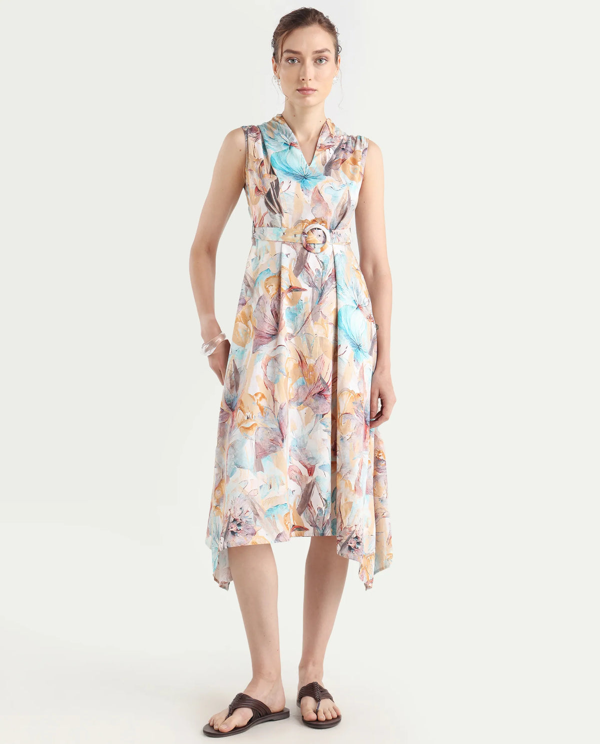 Rareism Women's Armon Light Multi Cotton Blend V-Neck Floral Print Sleeveless Midi Flared Dress
