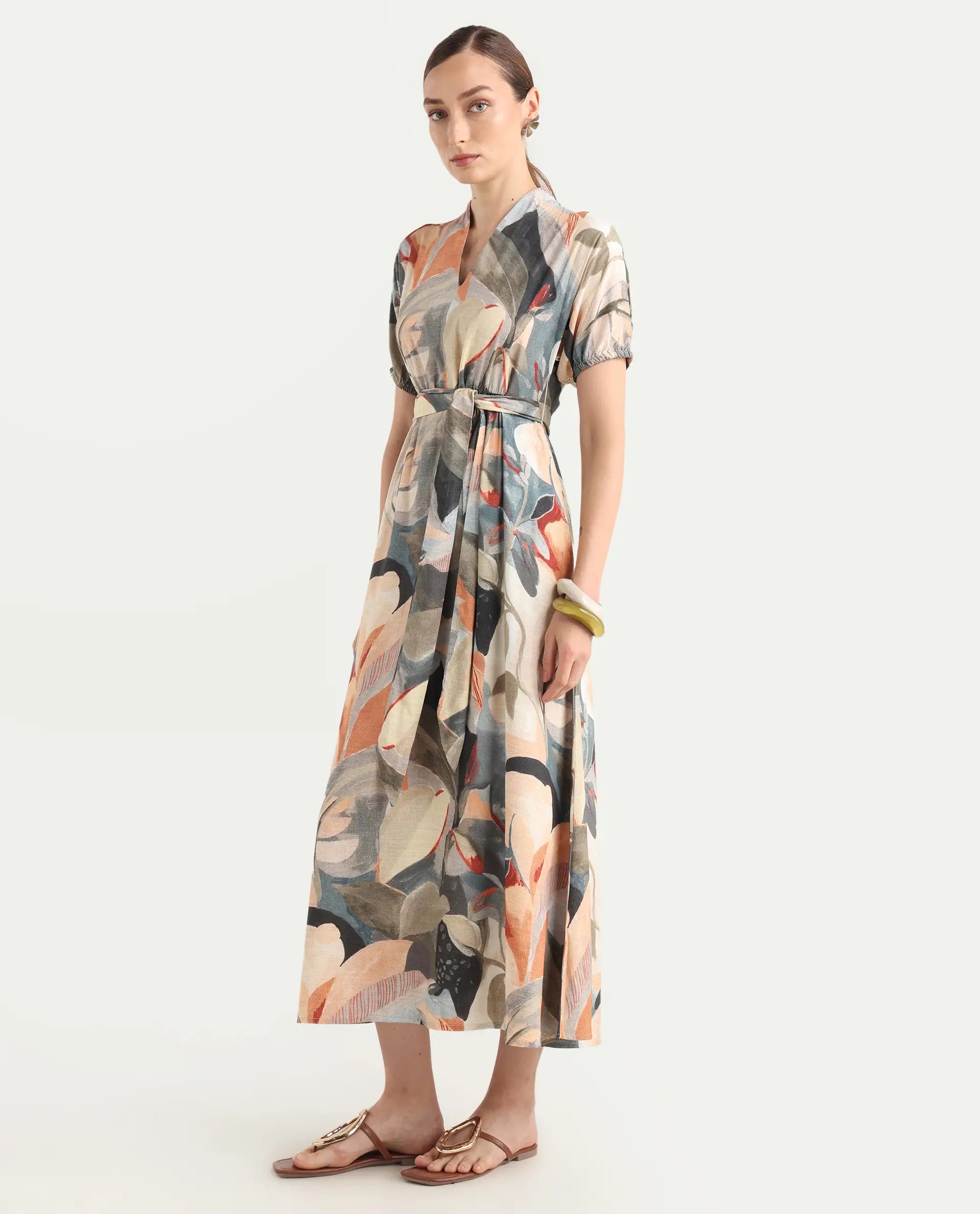 Rareism Women's Arnai Multi Viscose V-Neck A-Line Abstract Print Dress