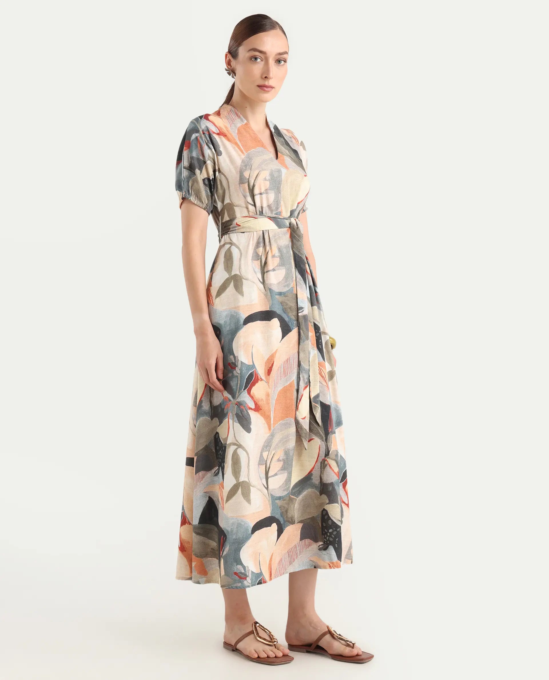 Rareism Women's Arnai Multi Viscose V-Neck A-Line Abstract Print Dress