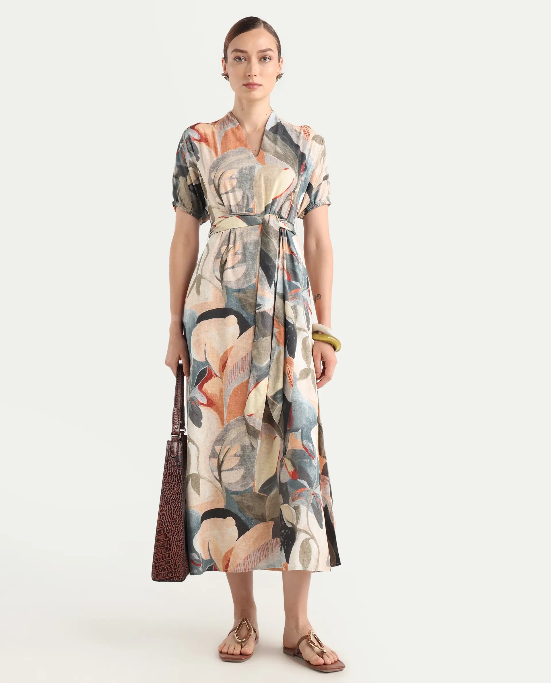 Rareism Women's Arnai Multi Viscose V-Neck A-Line Abstract Print Dress