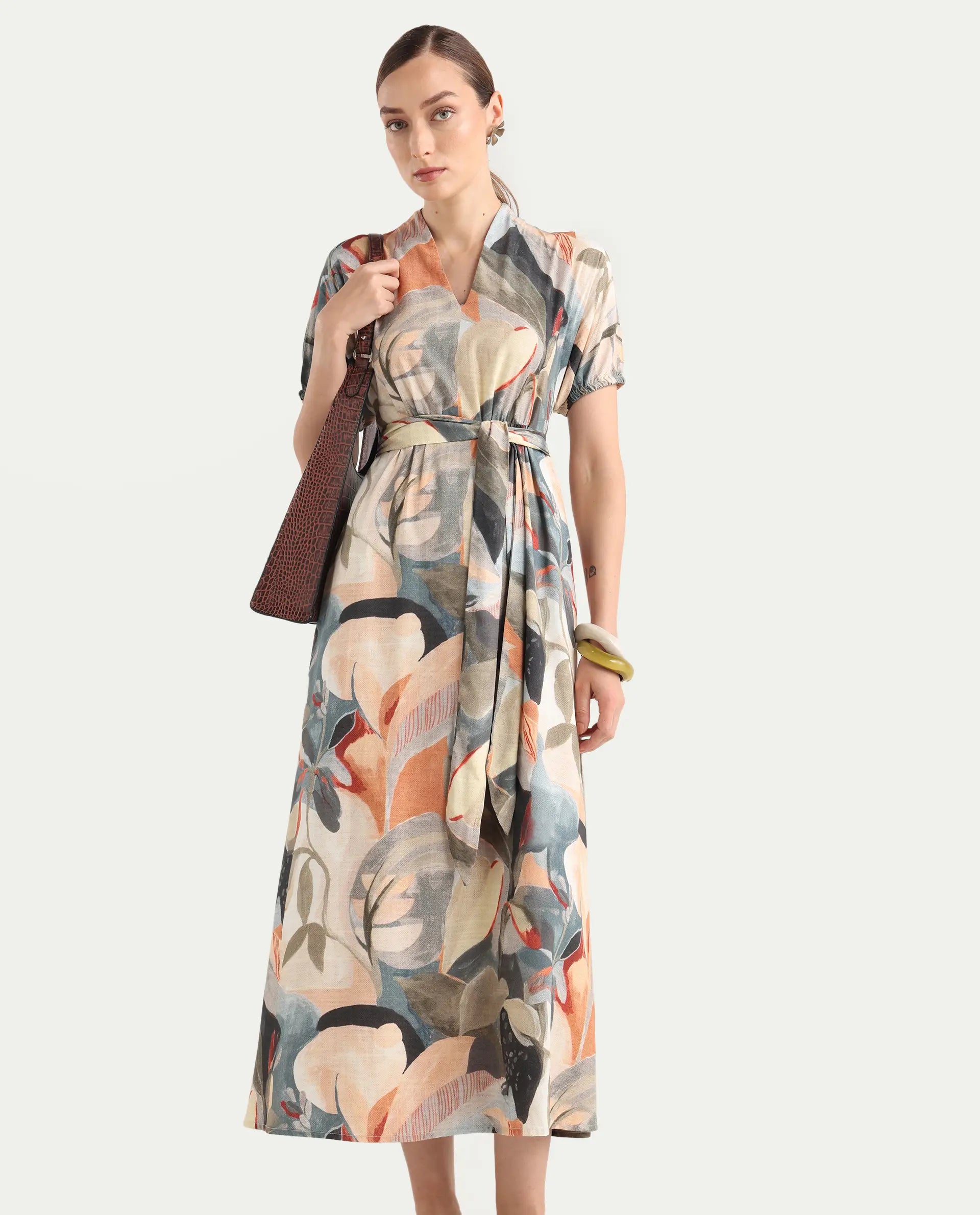 Rareism Women's Arnai Multi Viscose V-Neck A-Line Abstract Print Dress