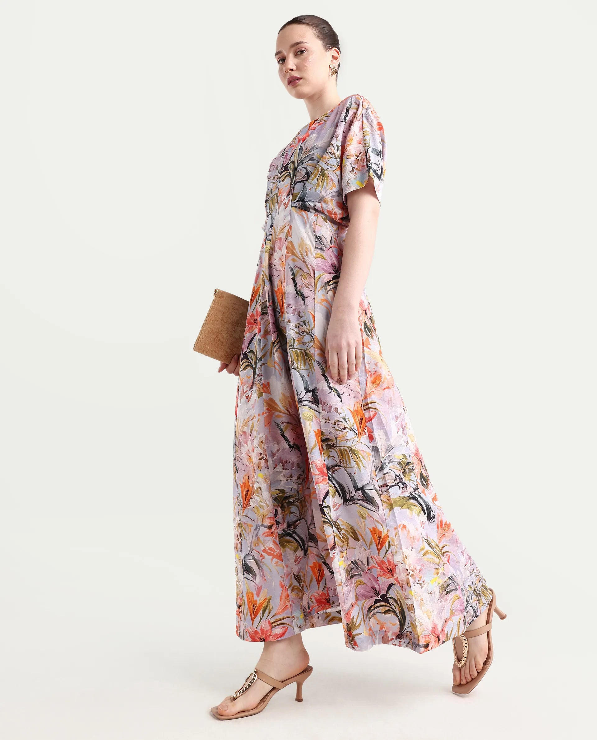 Rareism Women's Arona Multi Viscose Blend Half Sleeve Crew Neck Flared Dress