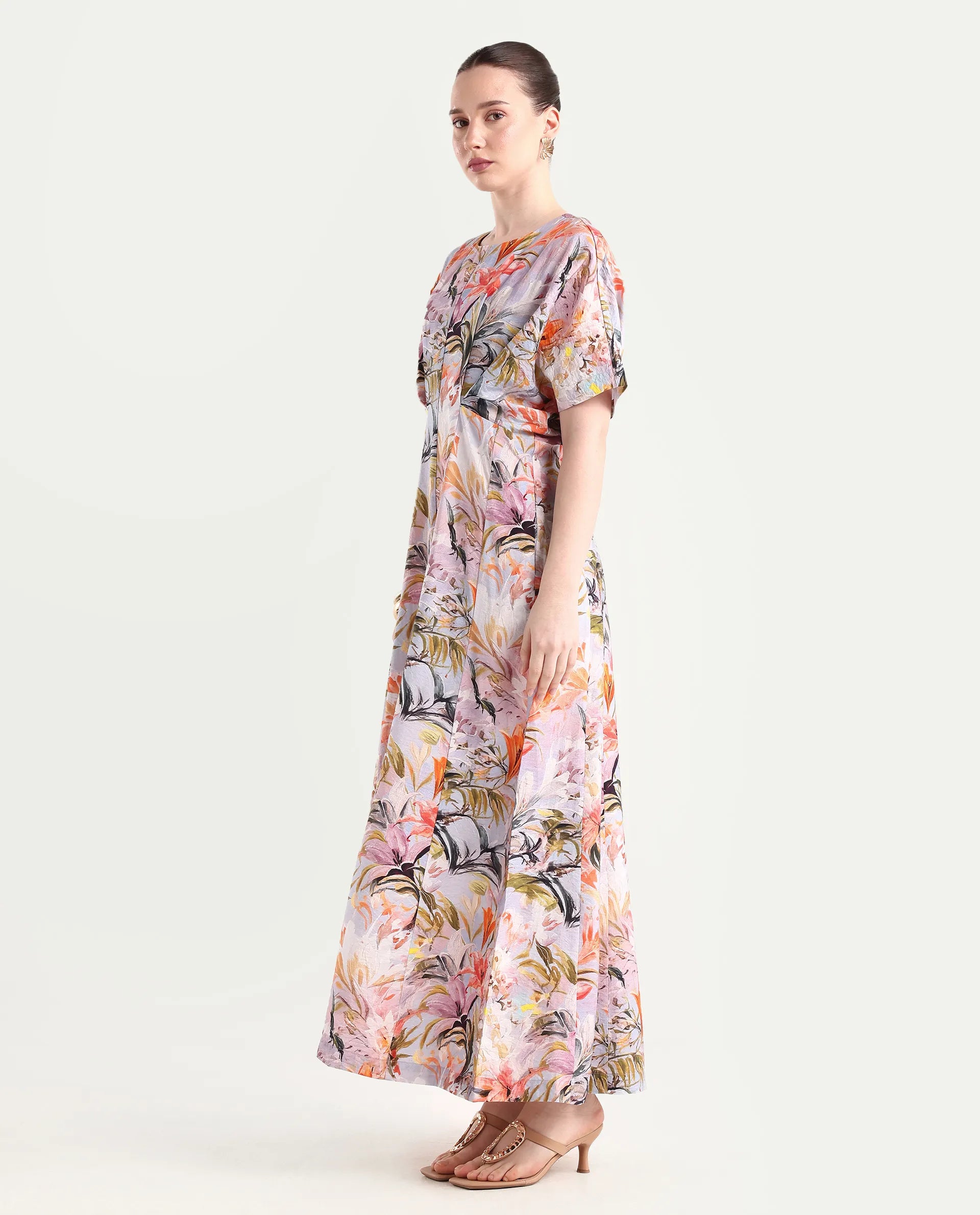 Rareism Women's Arona Multi Viscose Blend Half Sleeve Crew Neck Flared Dress