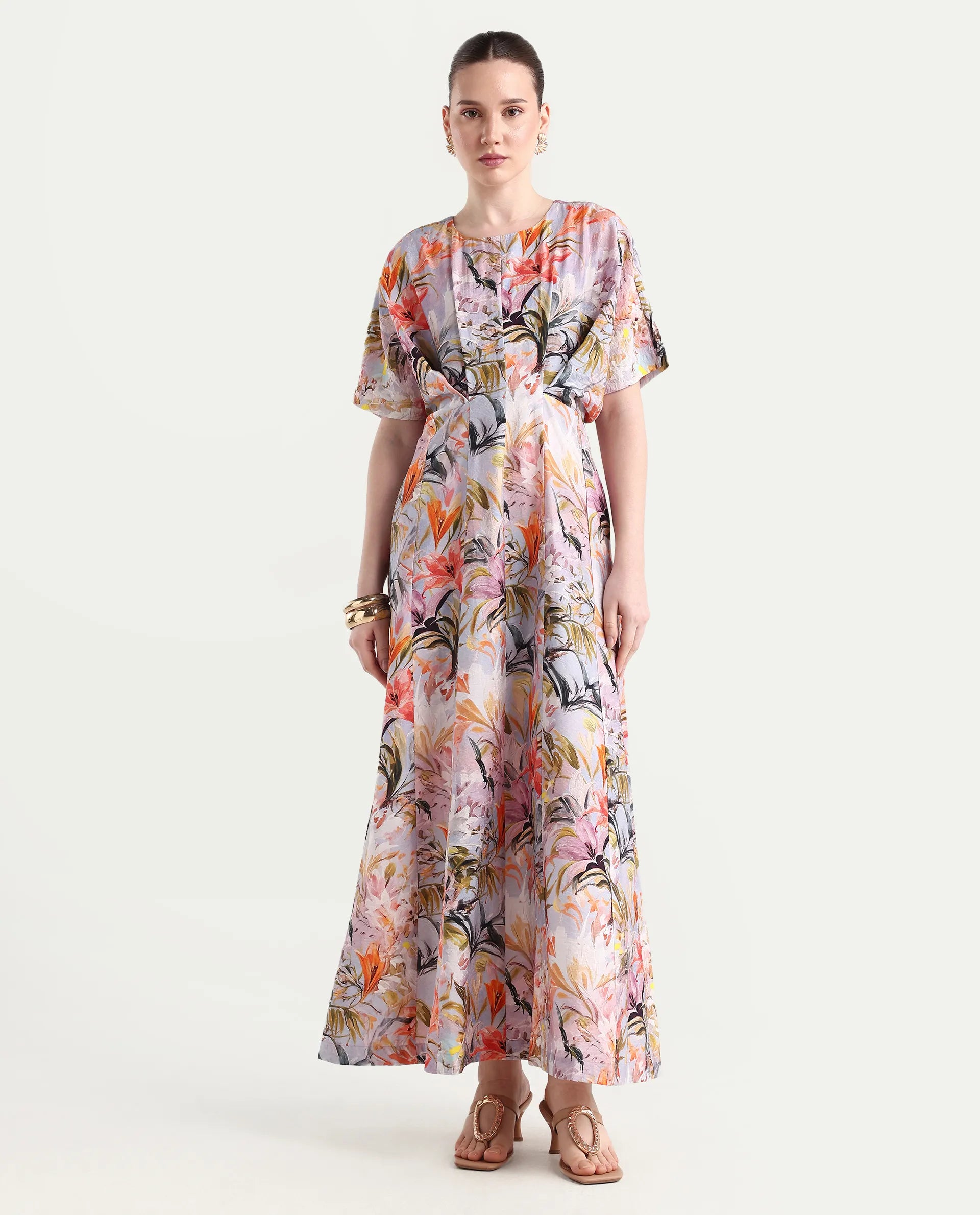 Rareism Women's Arona Multi Viscose Blend Half Sleeve Crew Neck Flared Dress