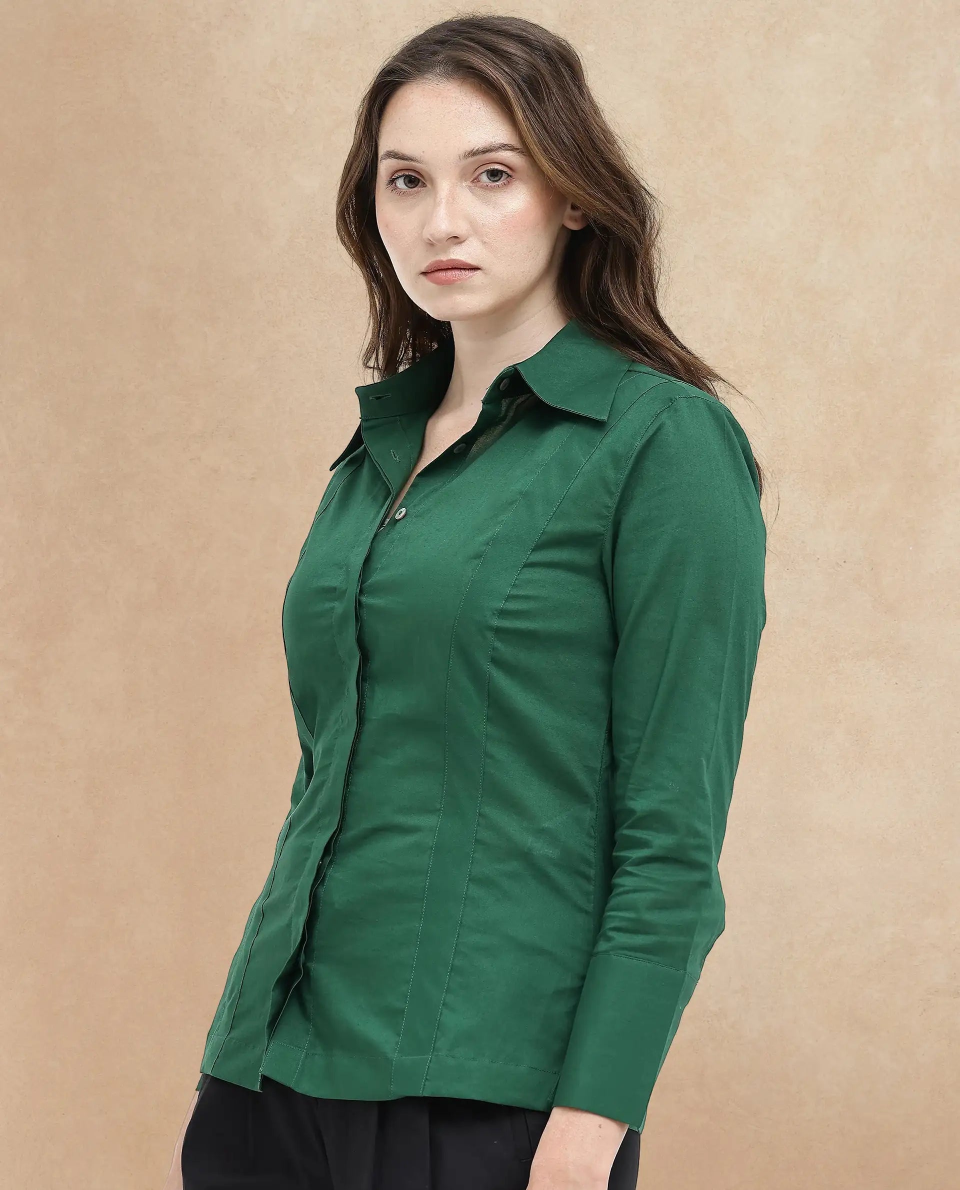 Rareism Women's Arthur Dark Green Cotton Drop Collar Plain Cuffed Sleeve Regular Fit Shirt