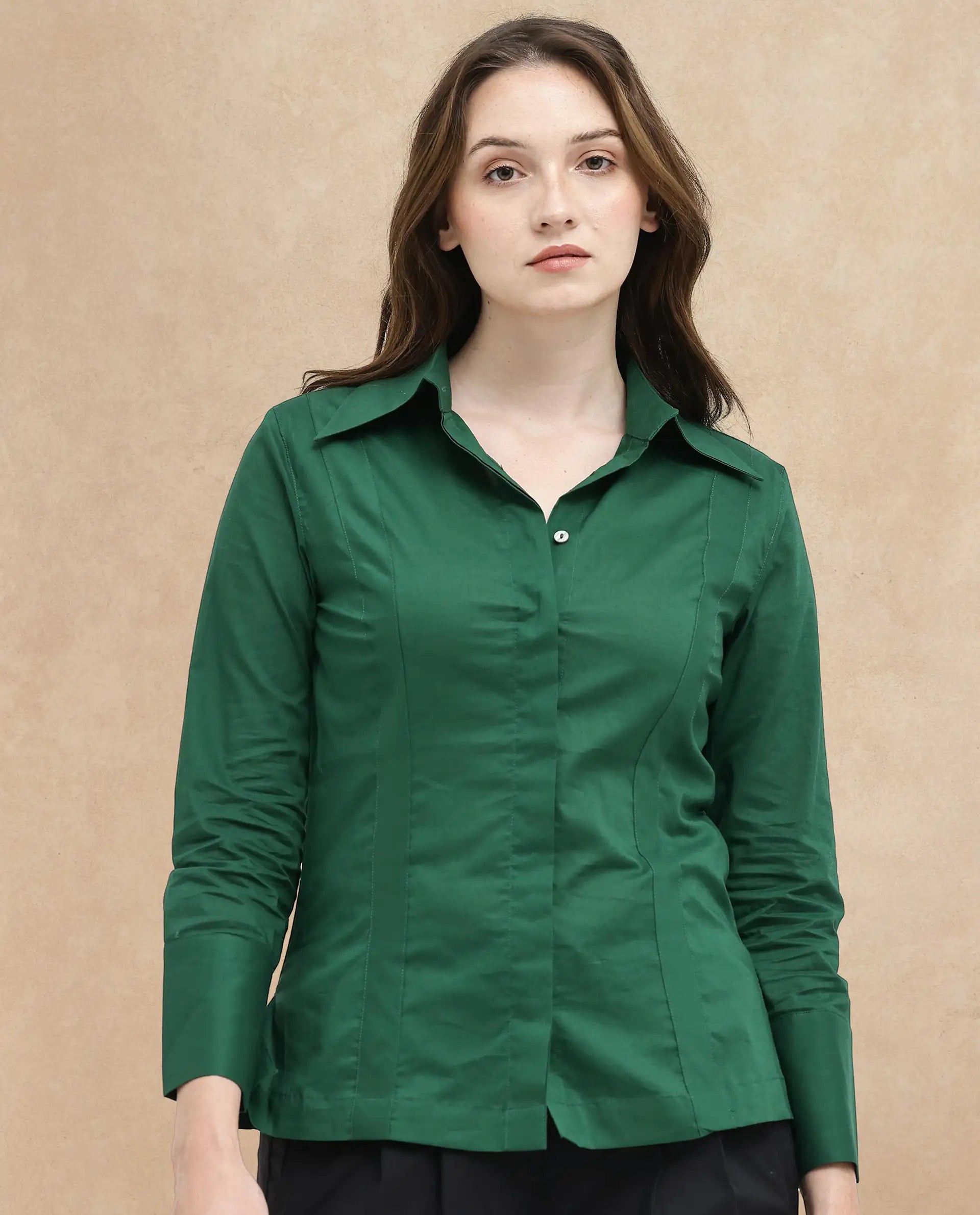 Rareism Women's Arthur Dark Green Cotton Drop Collar Plain Cuffed Sleeve Regular Fit Shirt