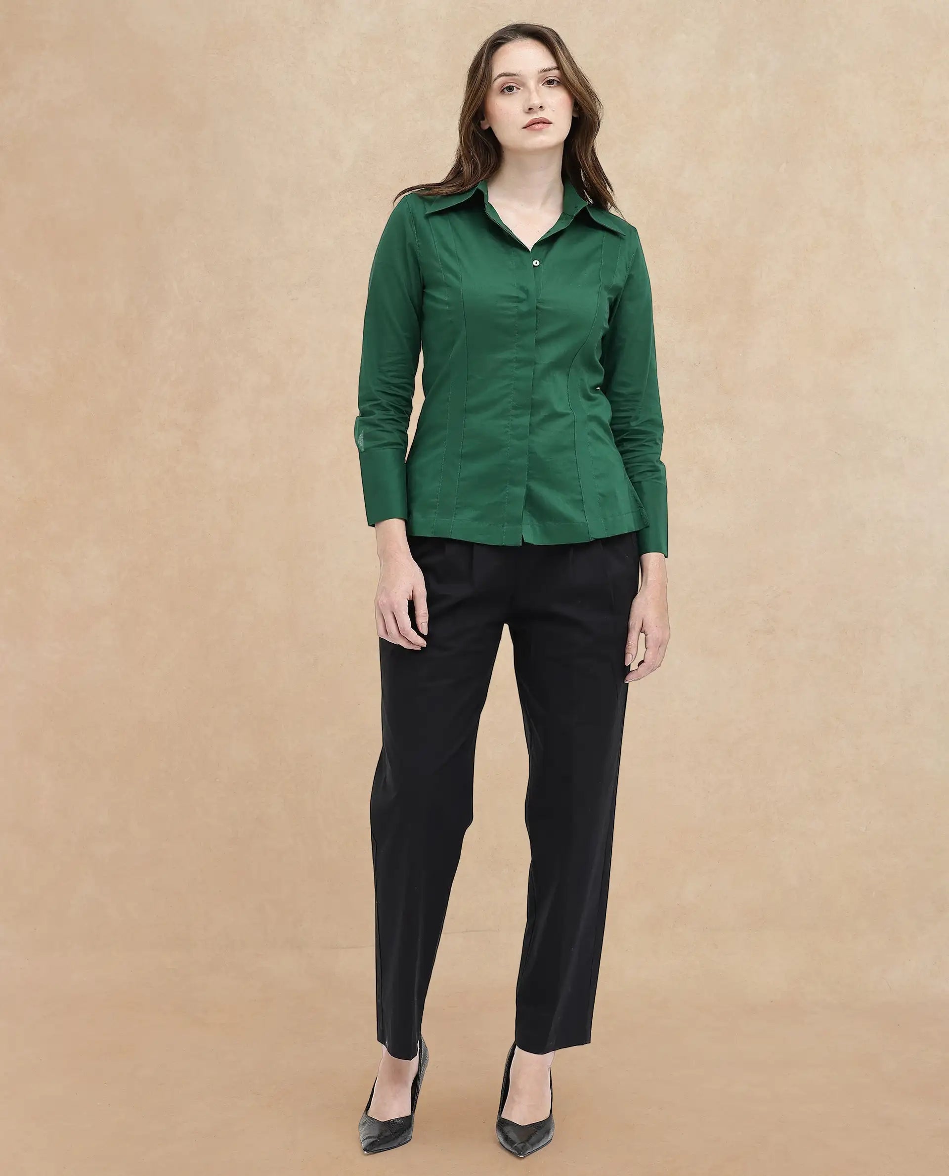 Rareism Women's Arthur Dark Green Cotton Drop Collar Plain Cuffed Sleeve Regular Fit Shirt