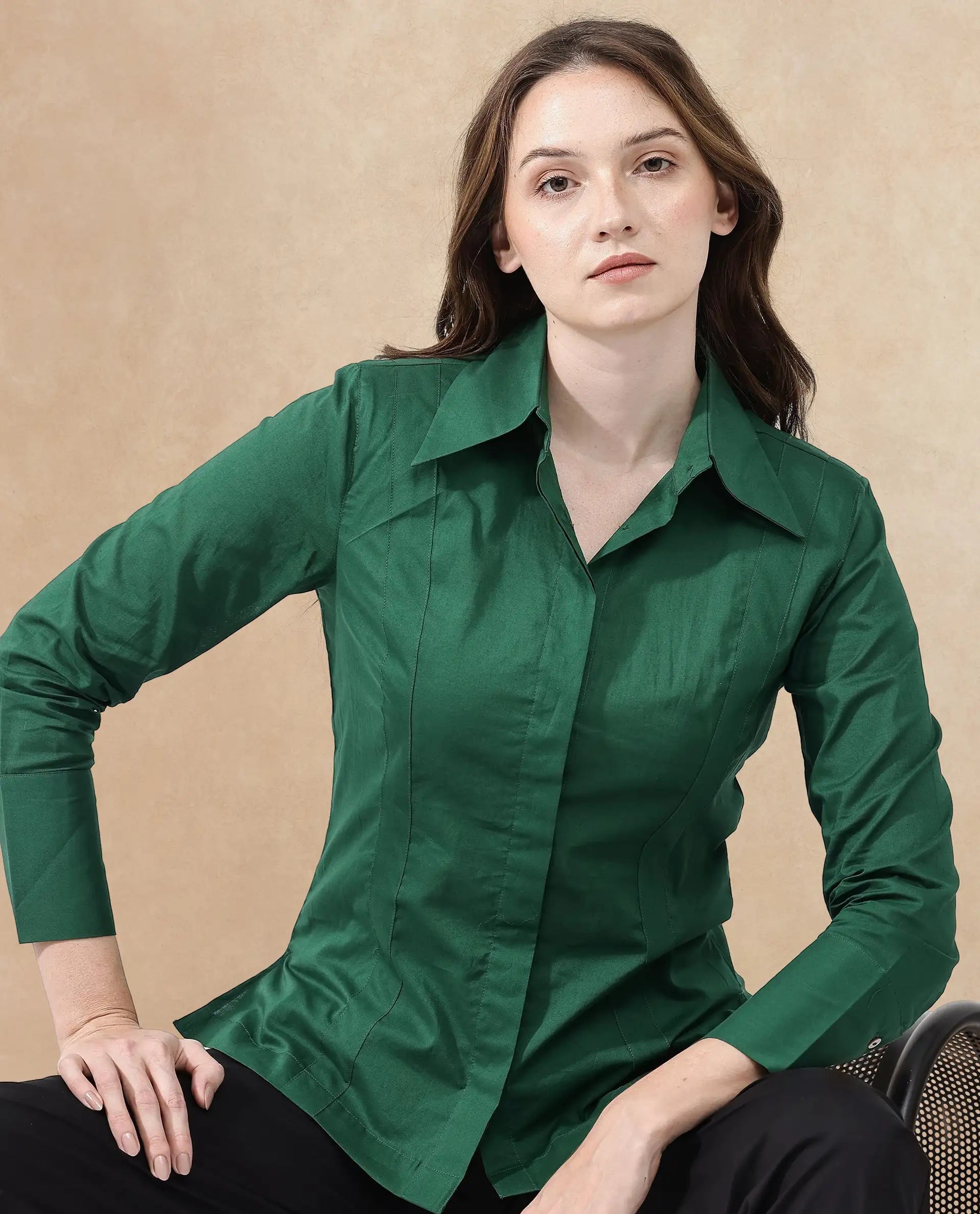 Rareism Women's Arthur Dark Green Cotton Drop Collar Plain Cuffed Sleeve Regular Fit Shirt
