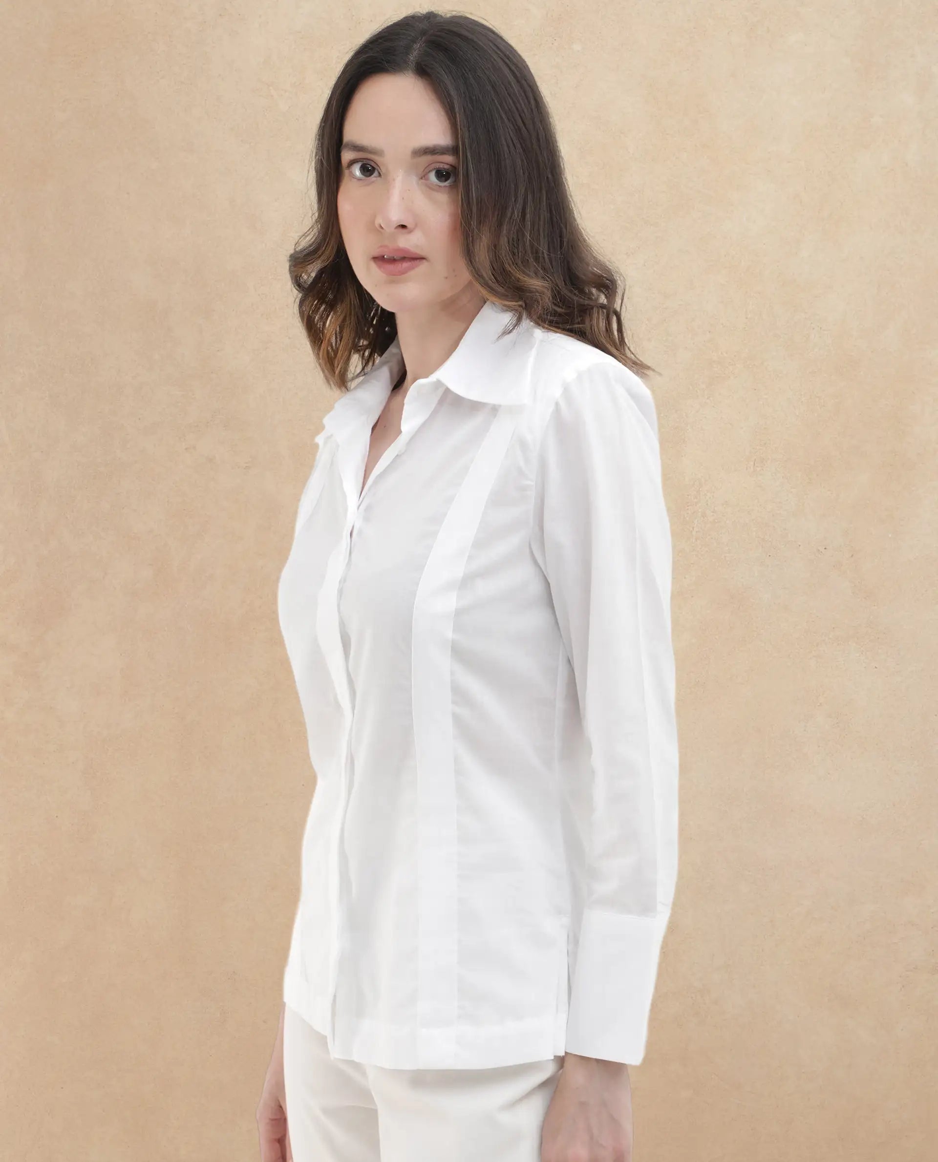 Rareism Women's Arthur White Cotton Drop Collar Plain Cuffed Sleeve Regular Fit Shirt