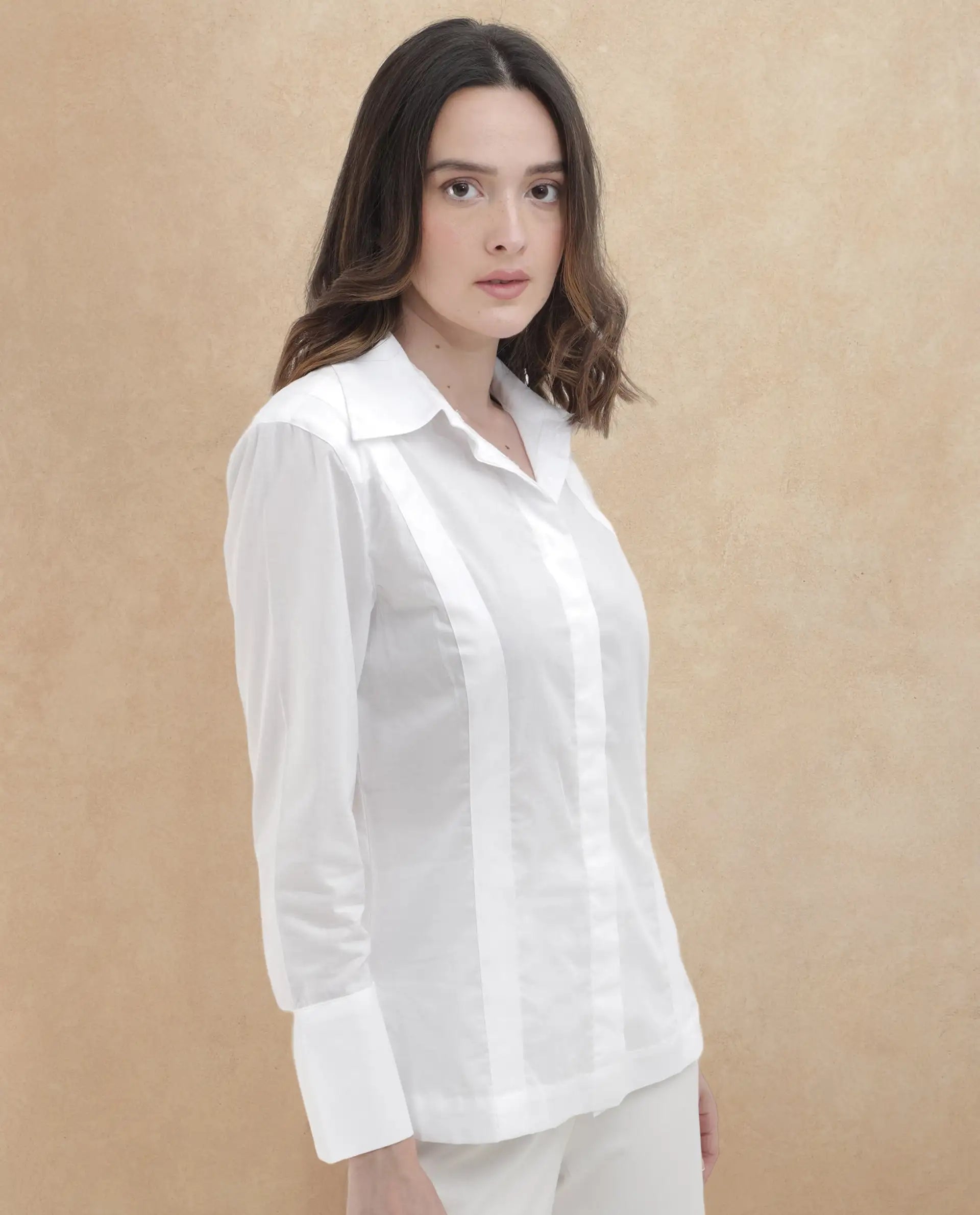 Rareism Women's Arthur White Cotton Drop Collar Plain Cuffed Sleeve Regular Fit Shirt