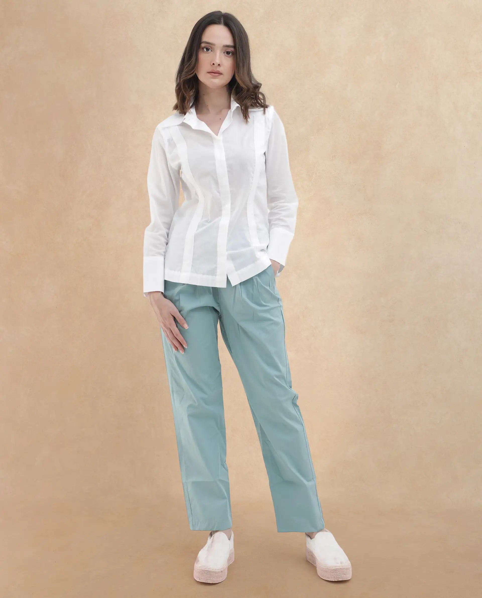 Rareism Women Juven Dark Blue Cotton Fabric Regular Length Trouser