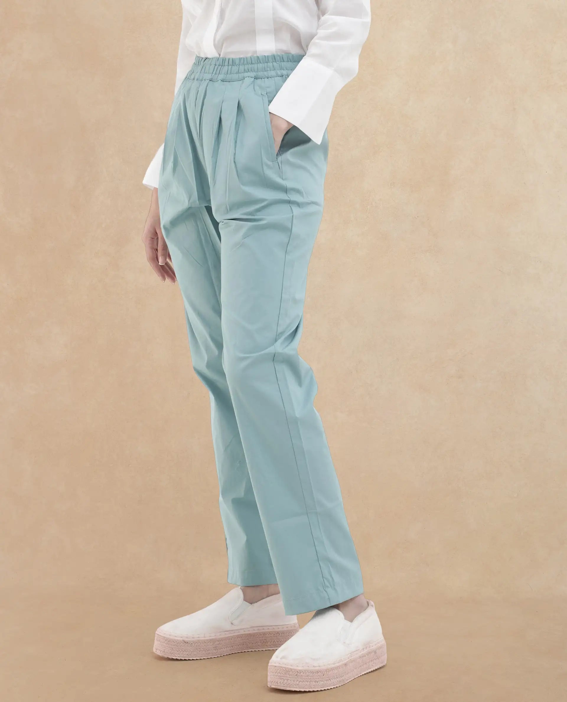 Rareism Women Juven Dark Blue Cotton Fabric Regular Length Trouser