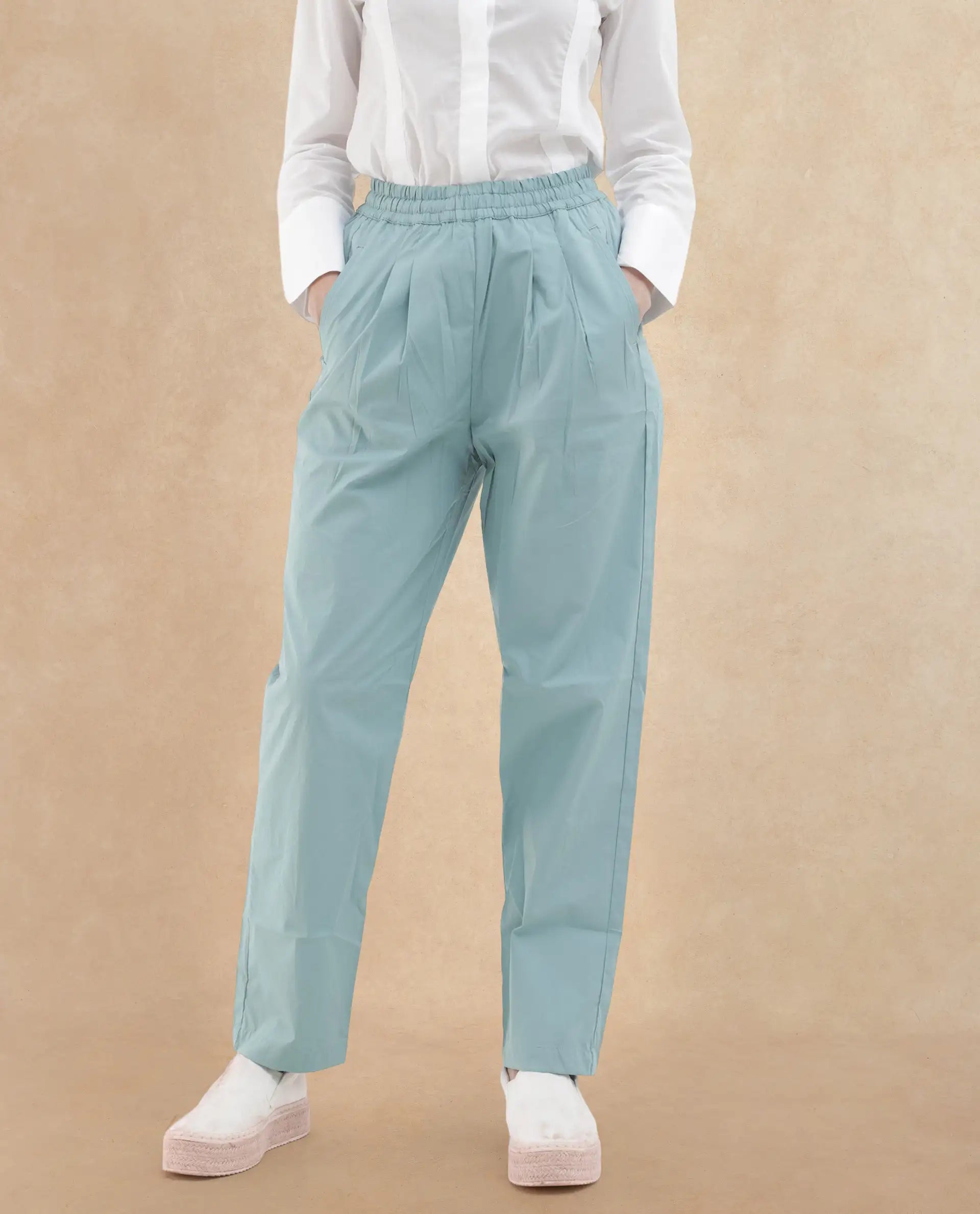 Rareism Women Juven Dark Blue Cotton Fabric Regular Length Trouser