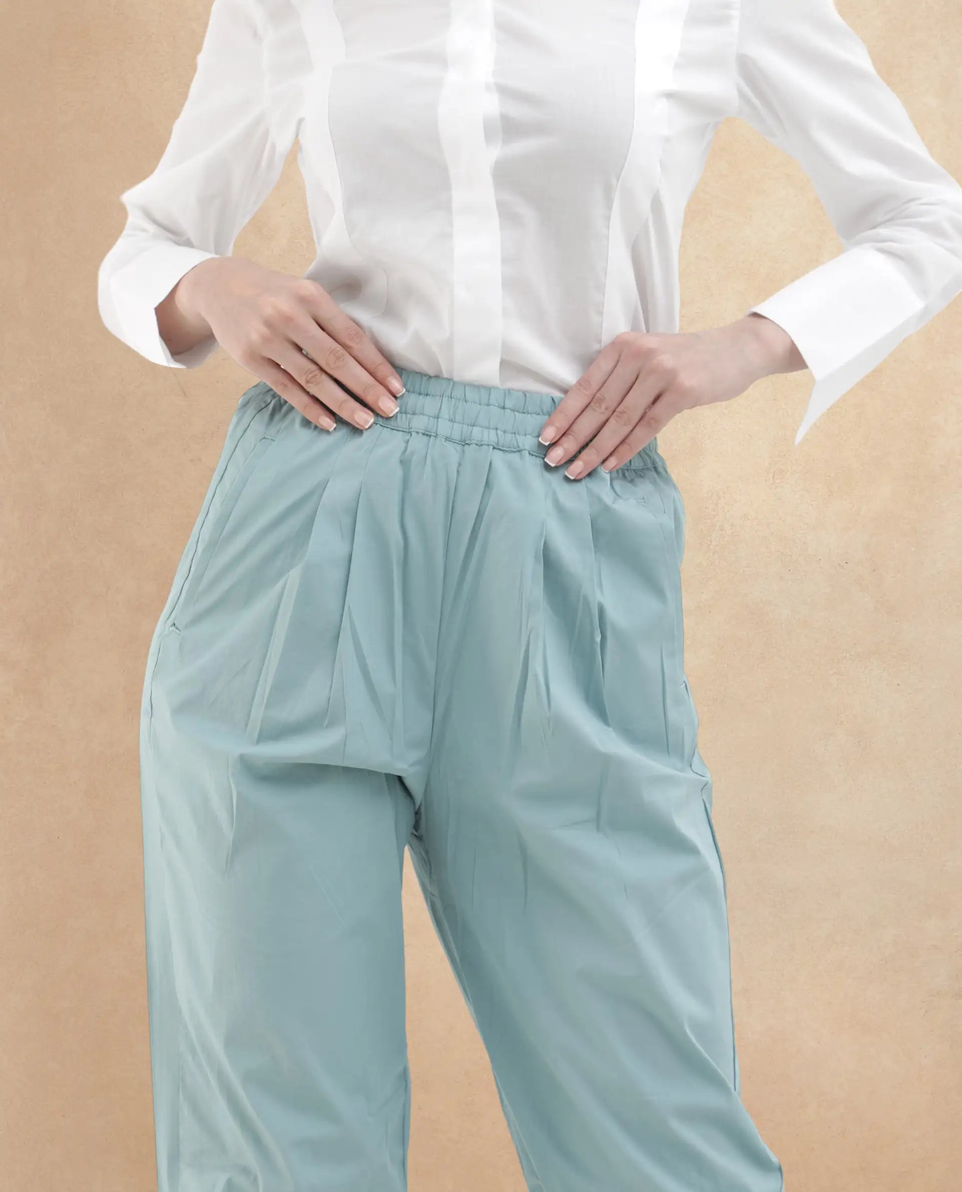 Rareism Women Juven Dark Blue Cotton Fabric Regular Length Trouser