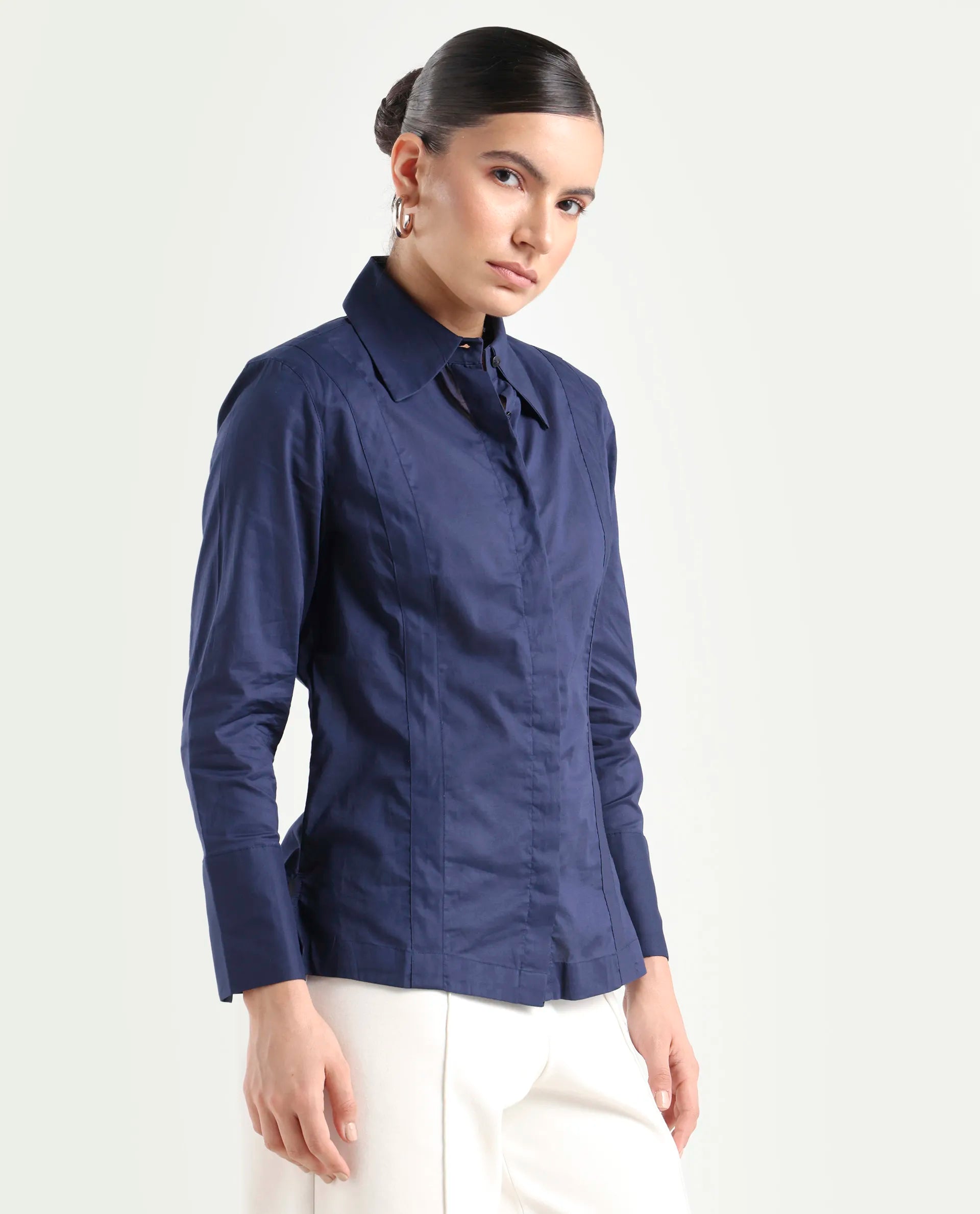 Rareism Women's Arthur Navy Cotton Drop Collar Plain Cuffed Sleeve Regular Fit Shirt