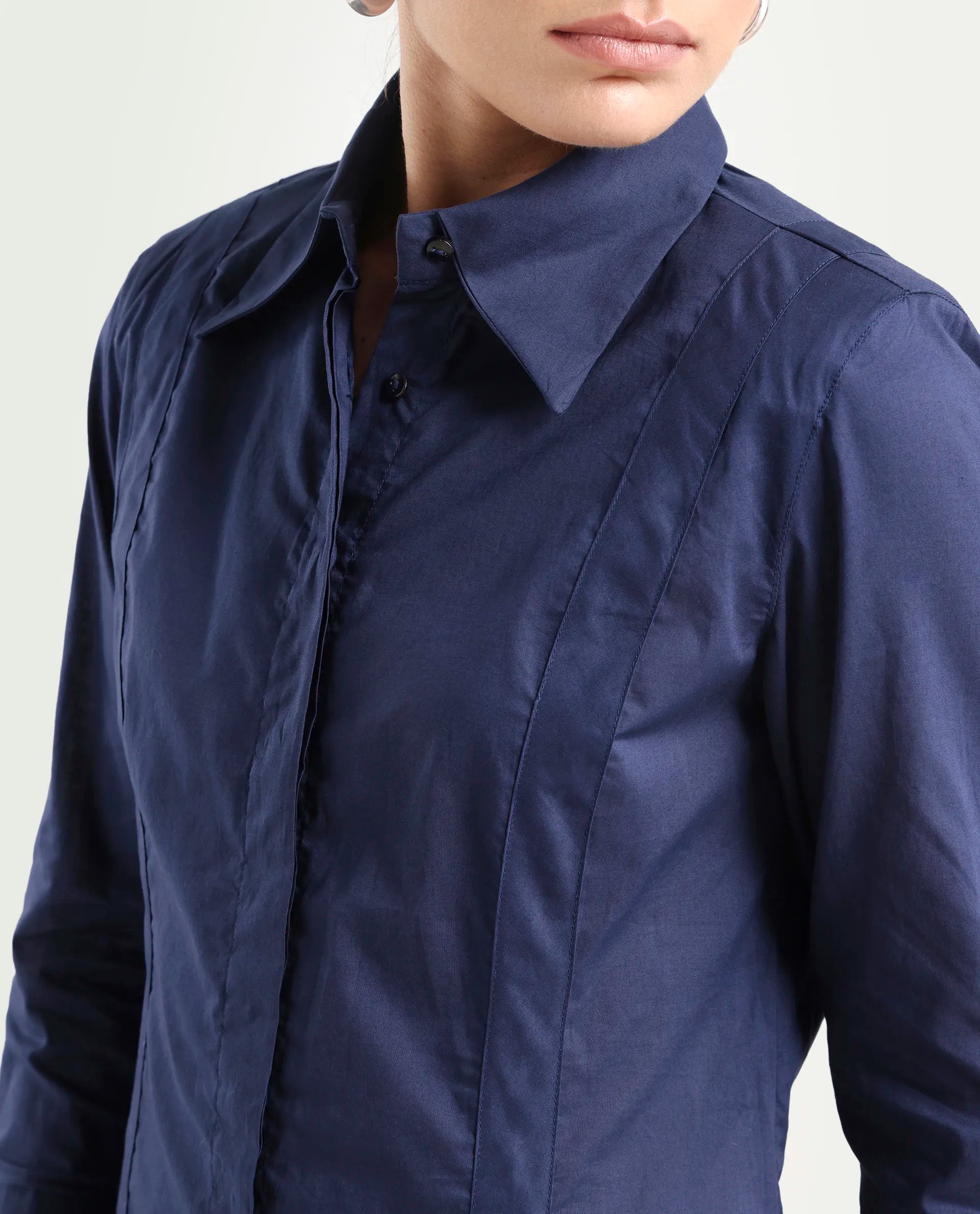 Rareism Women's Arthur Navy Cotton Drop Collar Plain Cuffed Sleeve Regular Fit Shirt