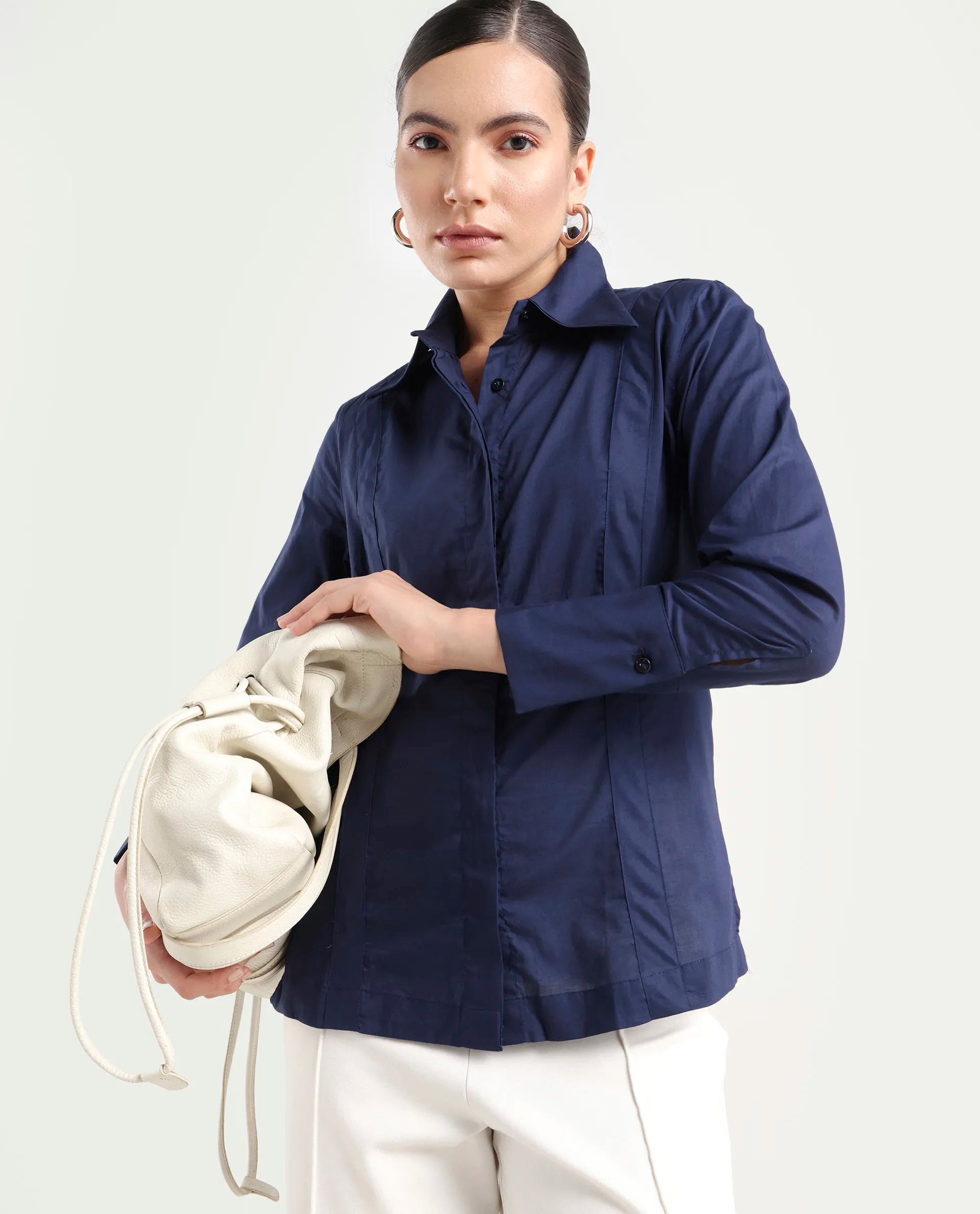 Rareism Women's Arthur Navy Cotton Drop Collar Plain Cuffed Sleeve Regular Fit Shirt