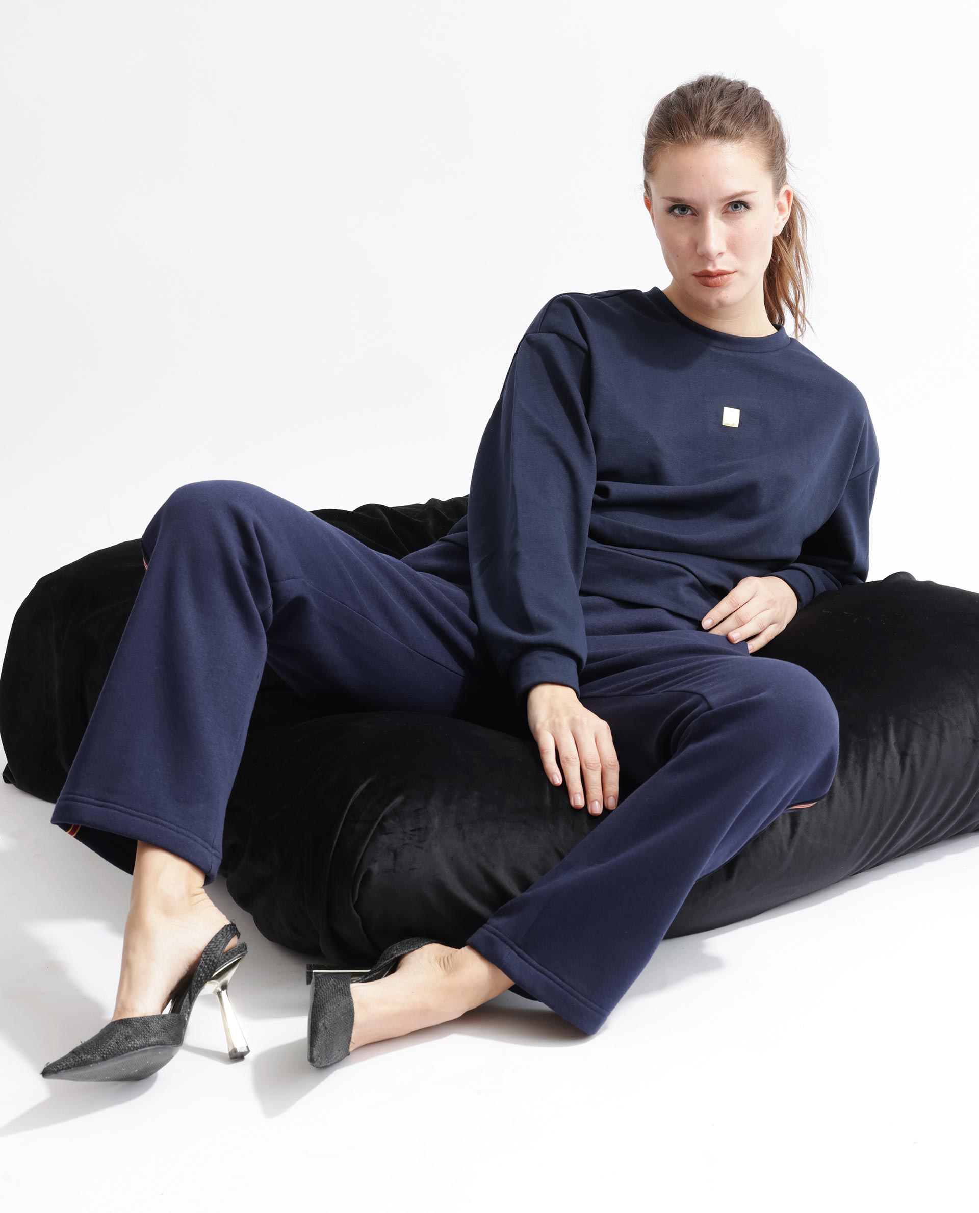 Rareism Women's Aimee Navy Polyester Blend Crew Neck Plain Boxy Fit Sweatshirt
