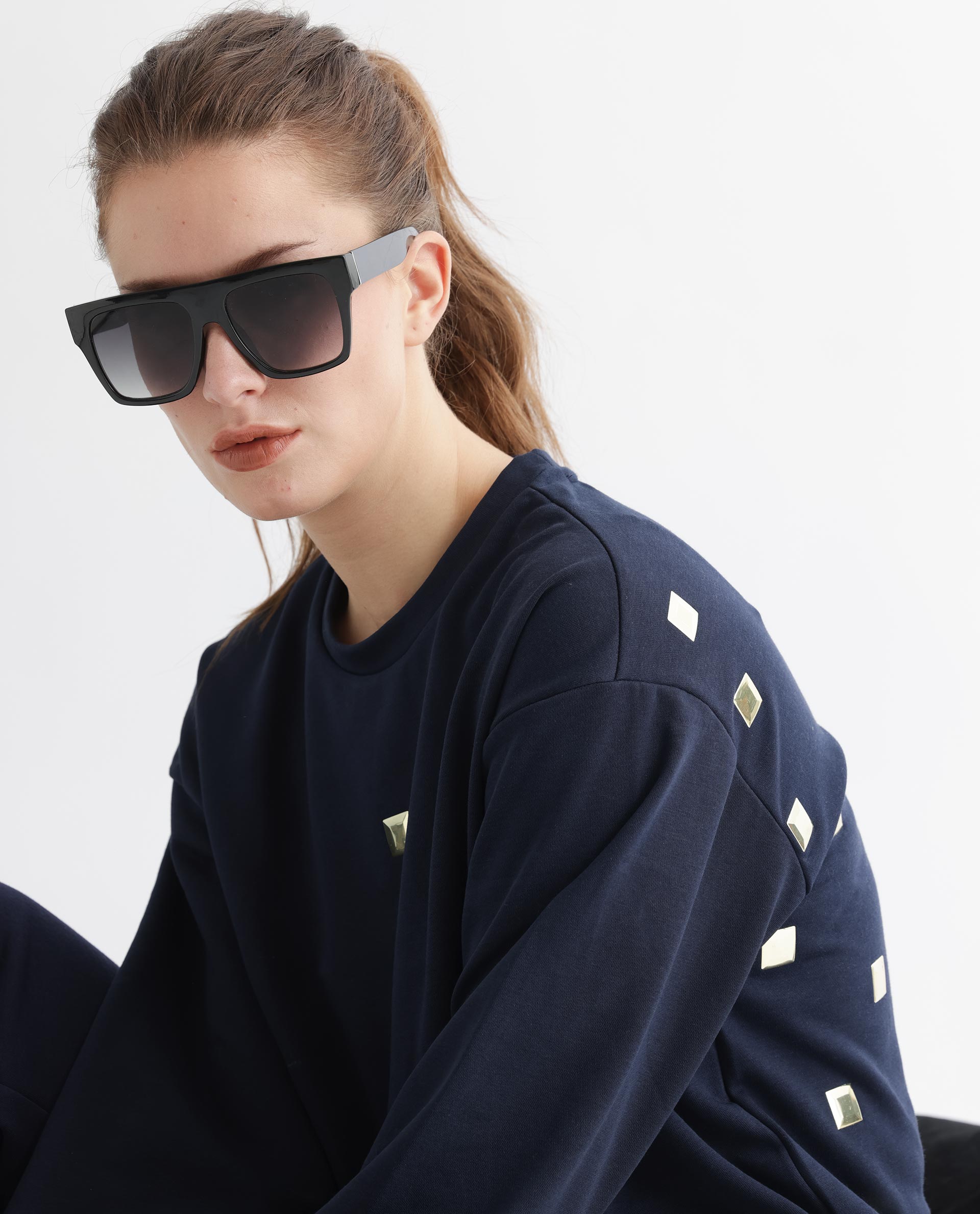 Rareism Women's Aimee Navy Polyester Blend Crew Neck Plain Boxy Fit Sweatshirt