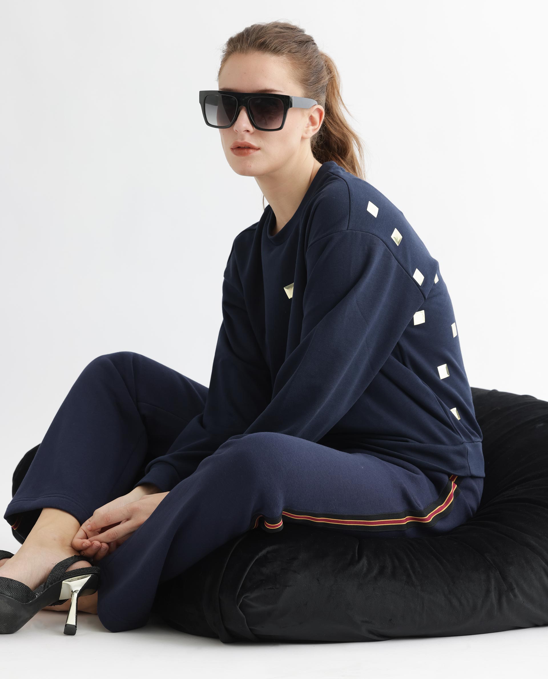 Rareism Women's Aimee Navy Polyester Blend Crew Neck Plain Boxy Fit Sweatshirt