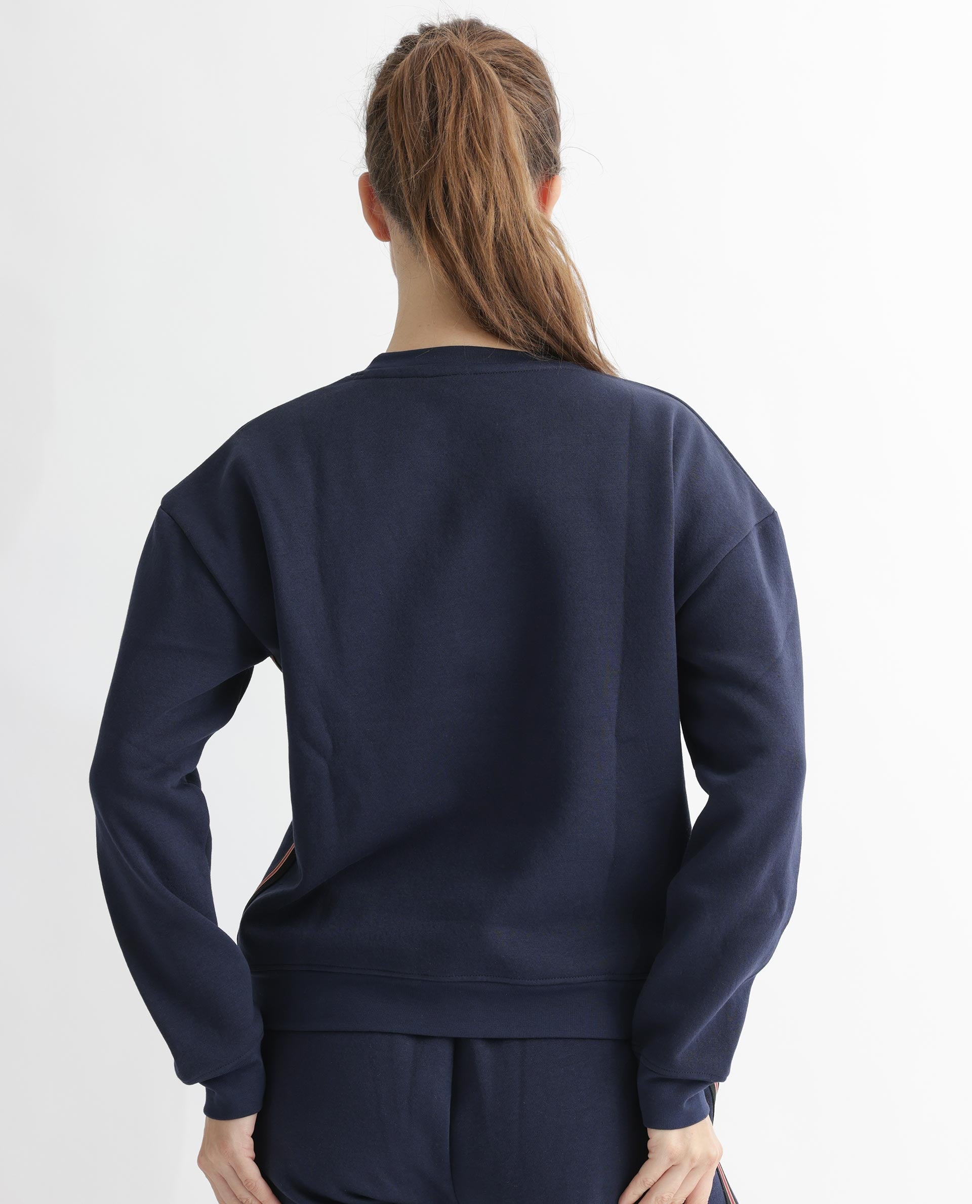 Rareism Women's Suzie Navy Polyester Blend Crew Neck Graphic Print Cuffed Sleeve Relaxed Fit Sweatshirt