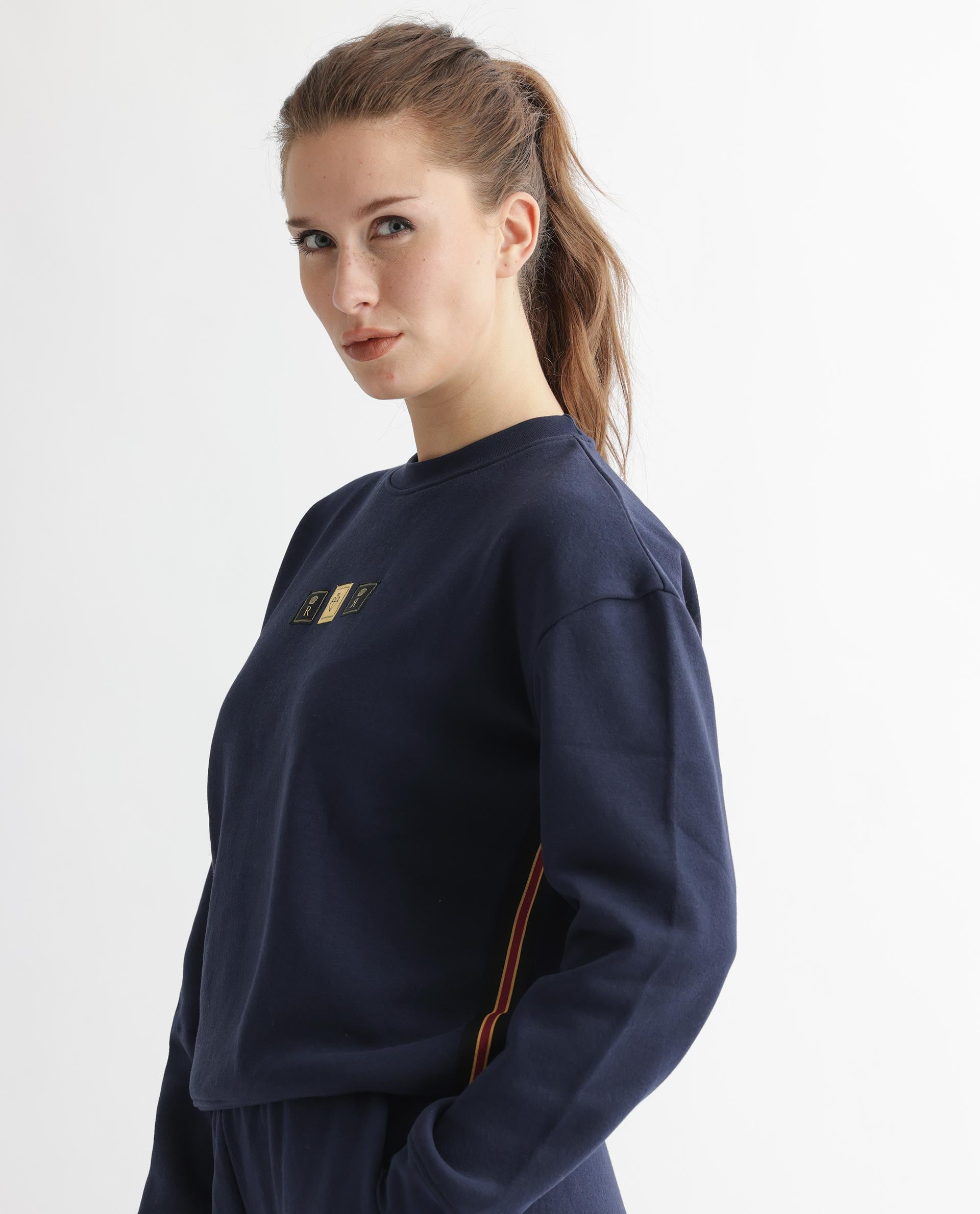 Rareism Women's Suzie Navy Polyester Blend Crew Neck Graphic Print Cuffed Sleeve Relaxed Fit Sweatshirt