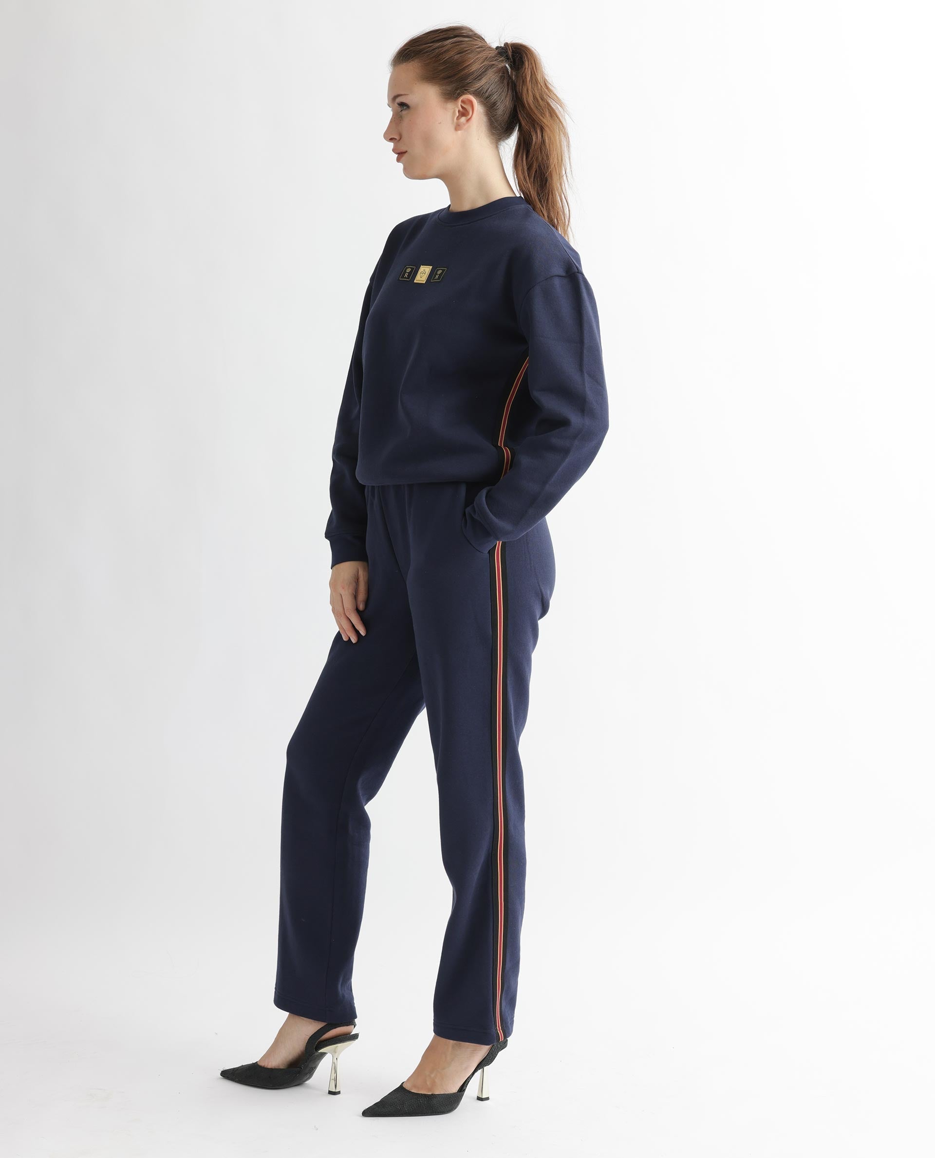 Rareism Women's Suzie Navy Polyester Blend Crew Neck Graphic Print Cuffed Sleeve Relaxed Fit Sweatshirt