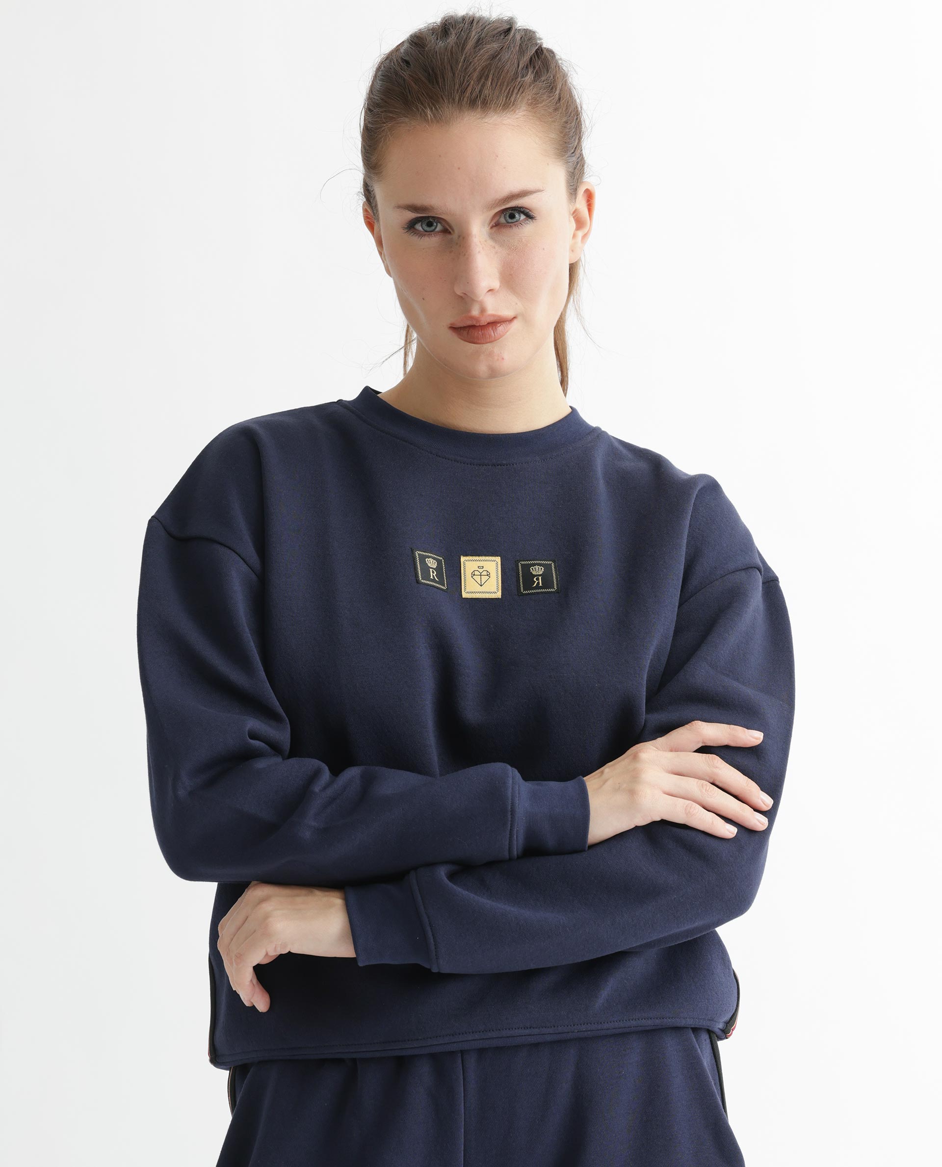 Rareism Women's Suzie Navy Polyester Blend Crew Neck Graphic Print Cuffed Sleeve Relaxed Fit Sweatshirt