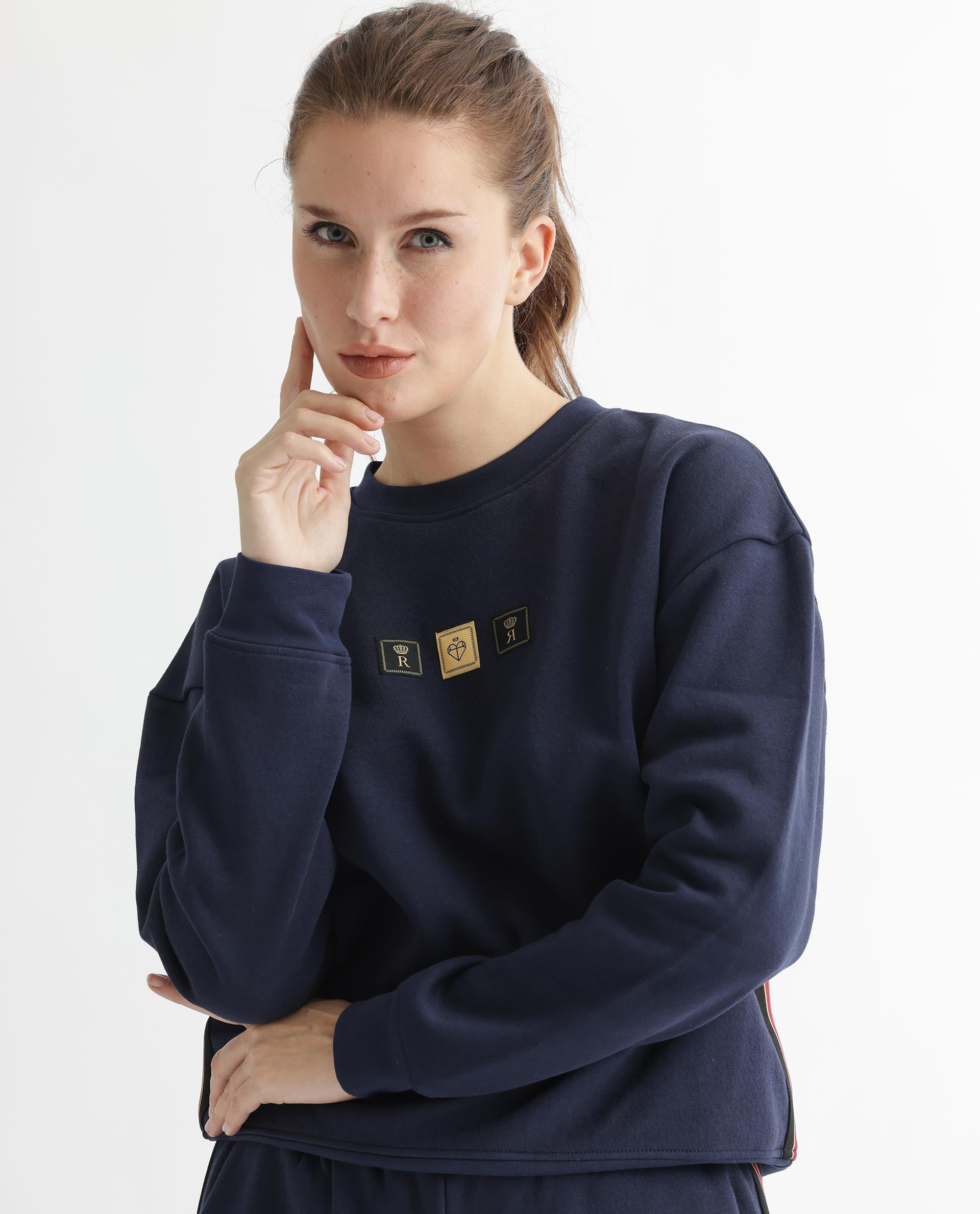 Rareism Women's Suzie Navy Polyester Blend Crew Neck Graphic Print Cuffed Sleeve Relaxed Fit Sweatshirt