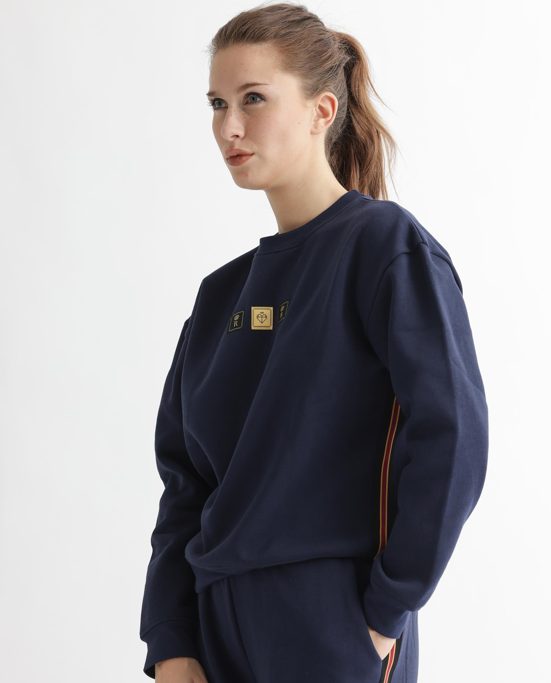 Rareism Women's Suzie Navy Polyester Blend Crew Neck Graphic Print Cuffed Sleeve Relaxed Fit Sweatshirt
