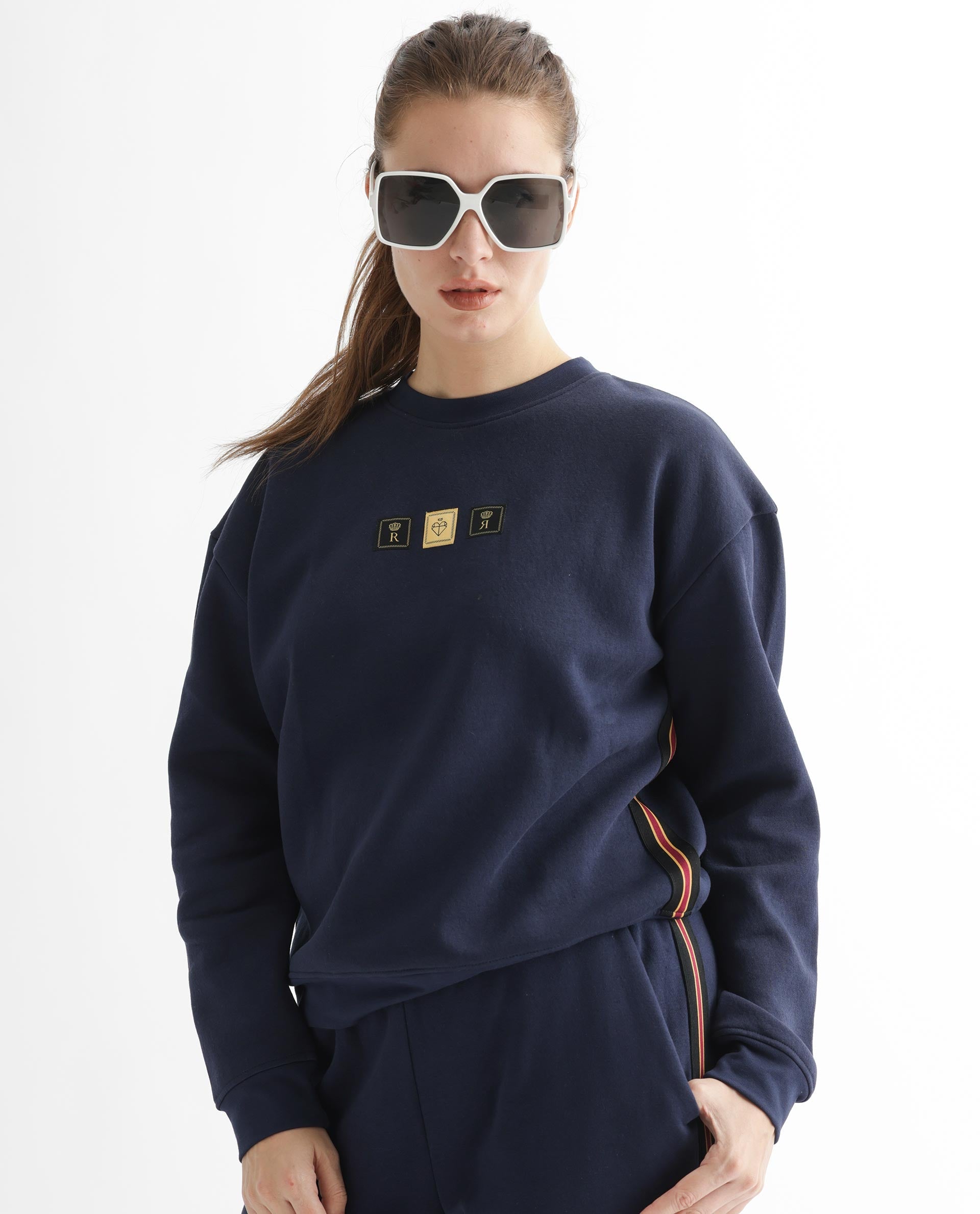 Rareism Women's Suzie Navy Polyester Blend Crew Neck Graphic Print Cuffed Sleeve Relaxed Fit Sweatshirt