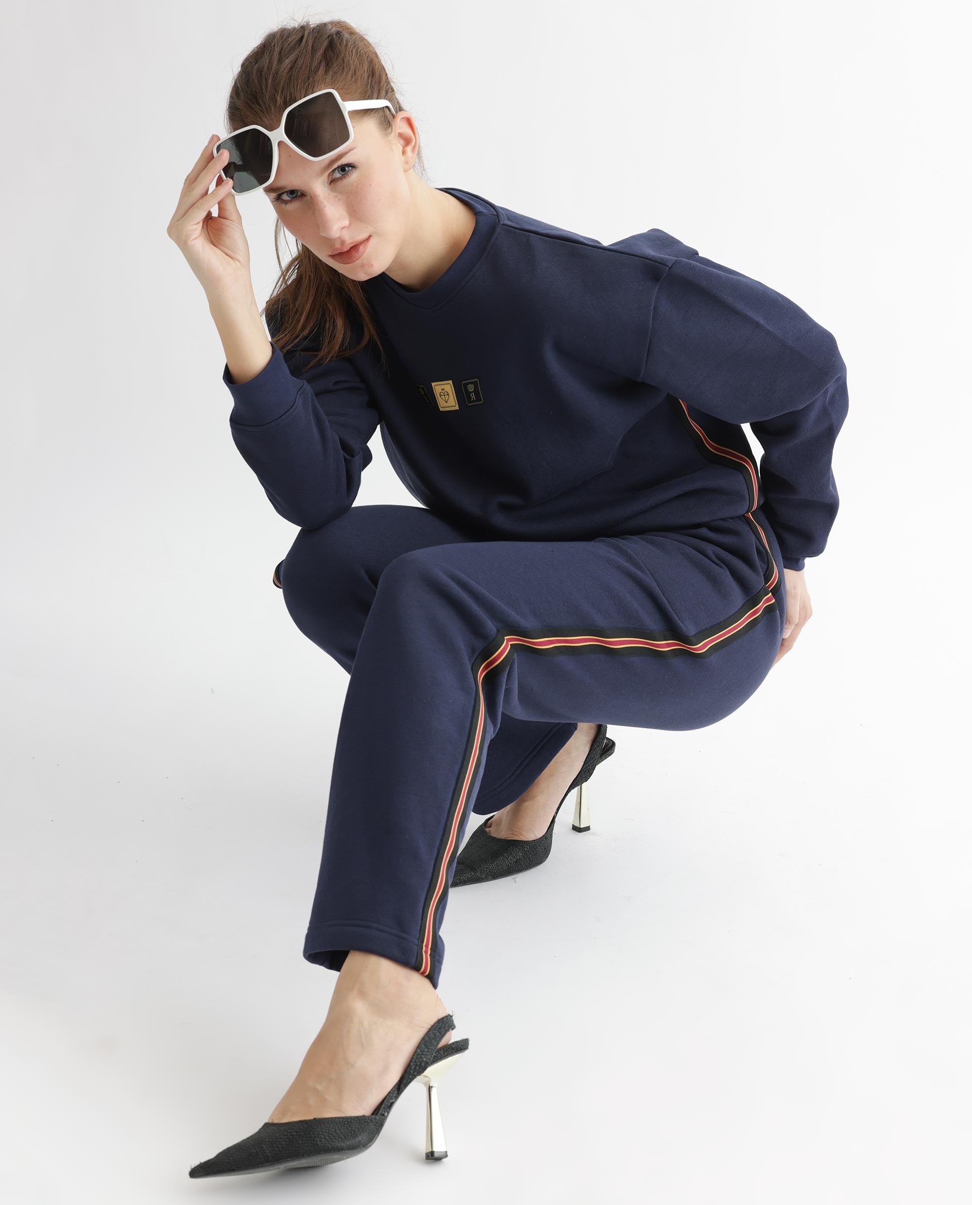 Rareism Women's Suzie Navy Polyester Blend Crew Neck Graphic Print Cuffed Sleeve Relaxed Fit Sweatshirt