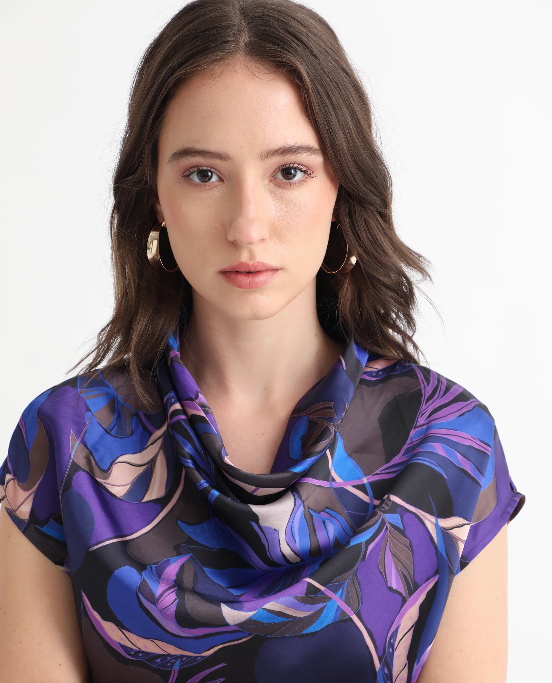 Rareism Women Arturo Dark Blue Polyester Fabric Regular Fit Cowl Neck Sleeveless Floral Print Top