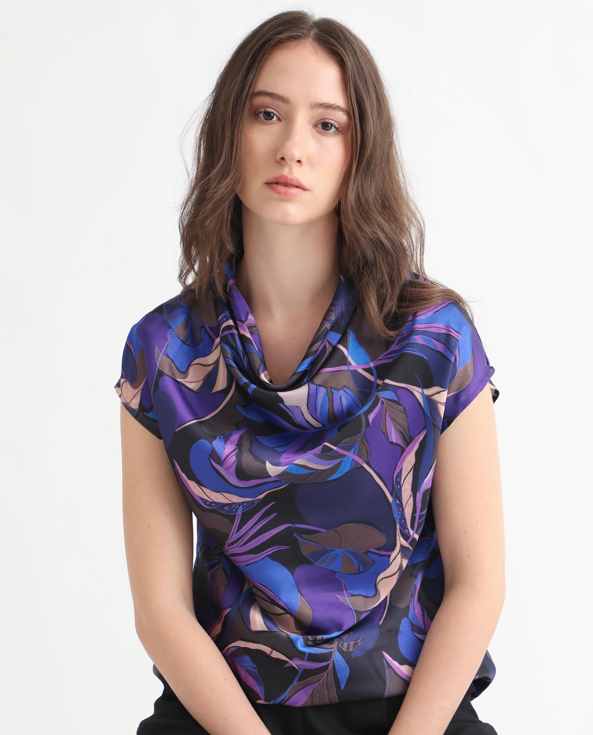 Rareism Women Arturo Dark Blue Polyester Fabric Regular Fit Cowl Neck Sleeveless Floral Print Top