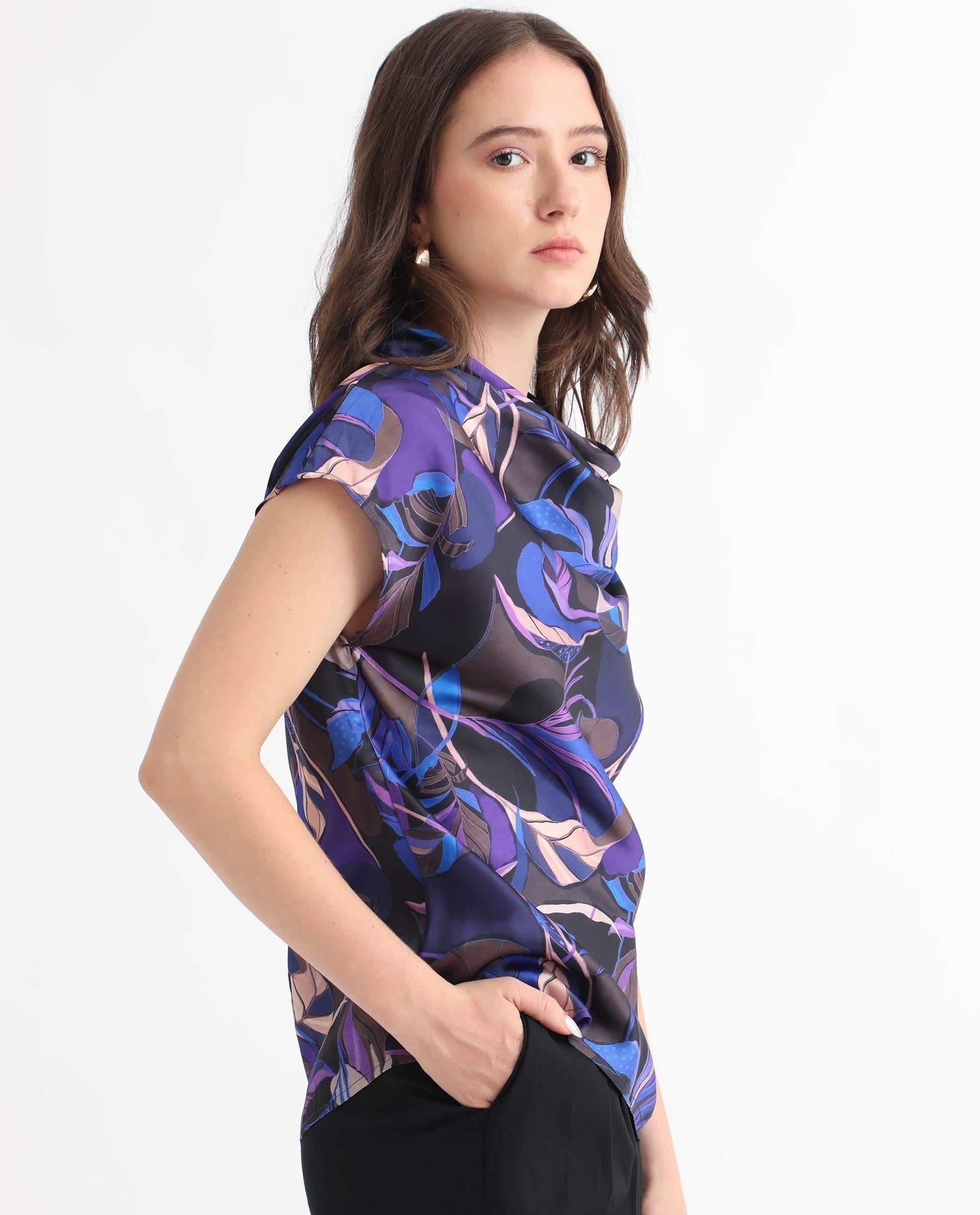 Rareism Women Arturo Dark Blue Polyester Fabric Regular Fit Cowl Neck Sleeveless Floral Print Top