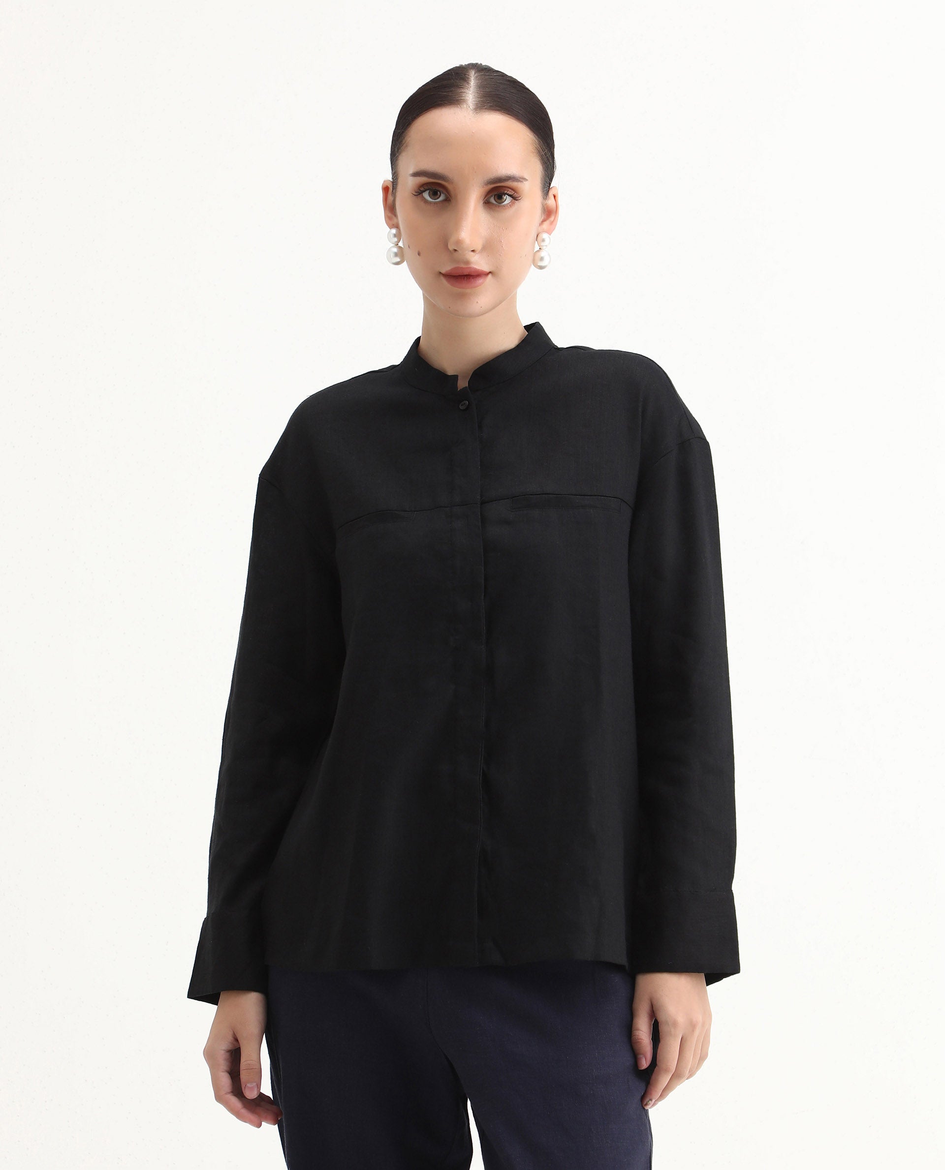 Rareism Women's Aruba Black Cotton Linen Drop Collar Plain Cuffed Sleeve Regular Fit Shirt