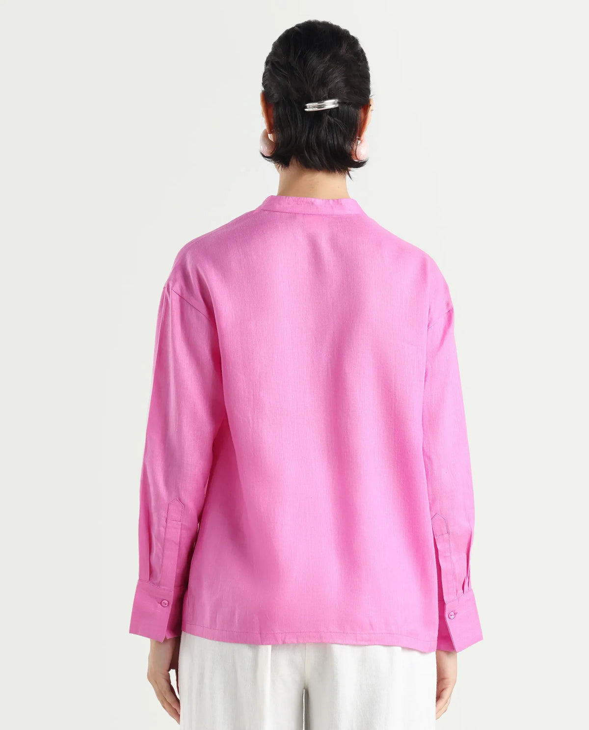 Rareism Women's Aruba Pastel Pink Cotton Linen Drop Collar Plain Cuffed Sleeve Regular Fit Shirt