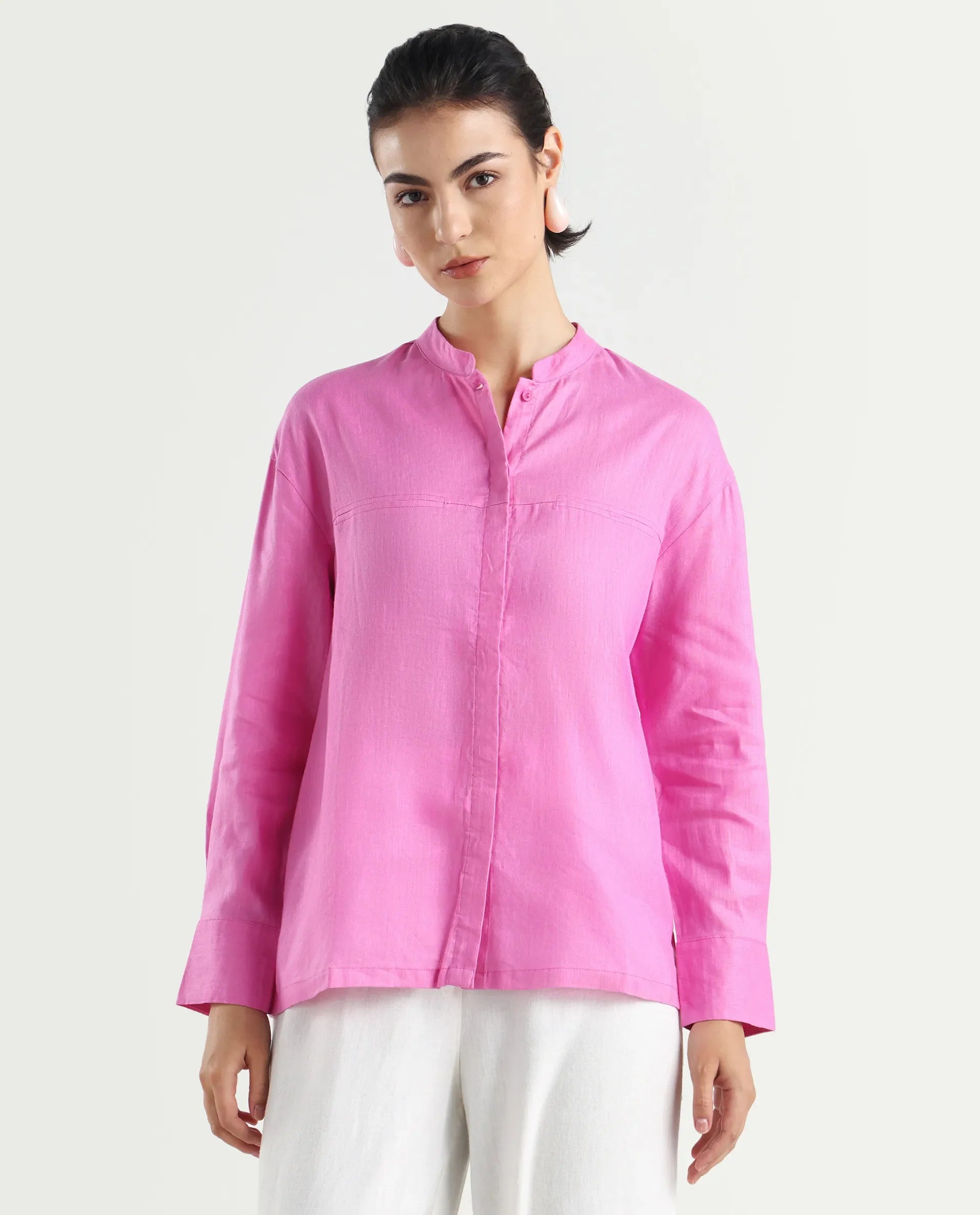 Rareism Women's Aruba Pastel Pink Cotton Linen Drop Collar Plain Cuffed Sleeve Regular Fit Shirt