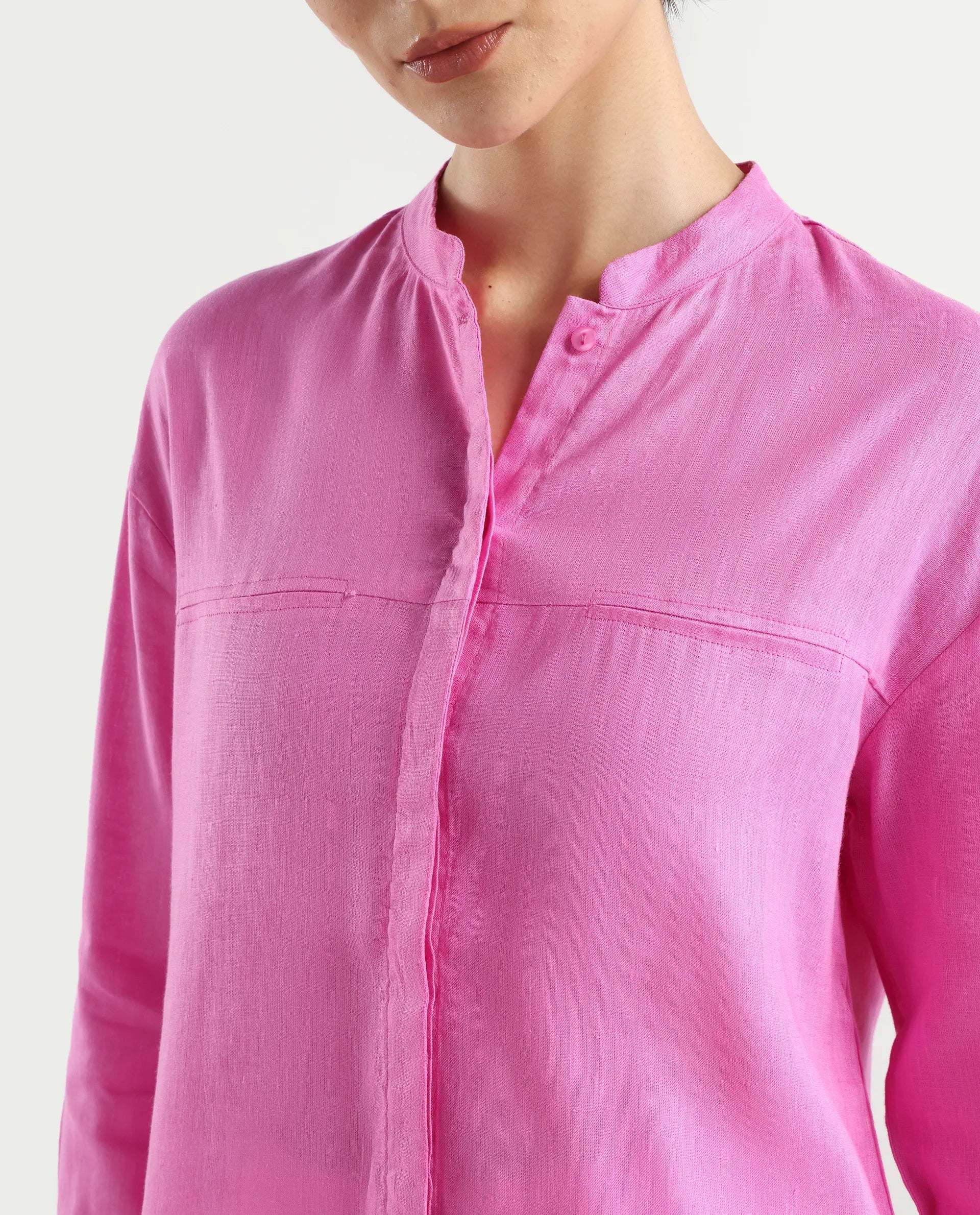 Rareism Women's Aruba Pastel Pink Cotton Linen Drop Collar Plain Cuffed Sleeve Regular Fit Shirt