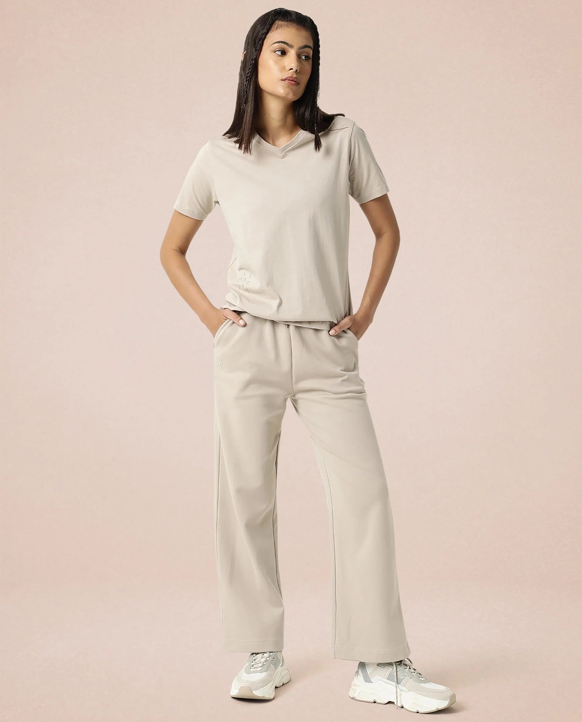 Rareism Women Arvi Beige Cotton Blend Fabric Regular Fit Half Sleeves Solid V-Neck T-Shirt