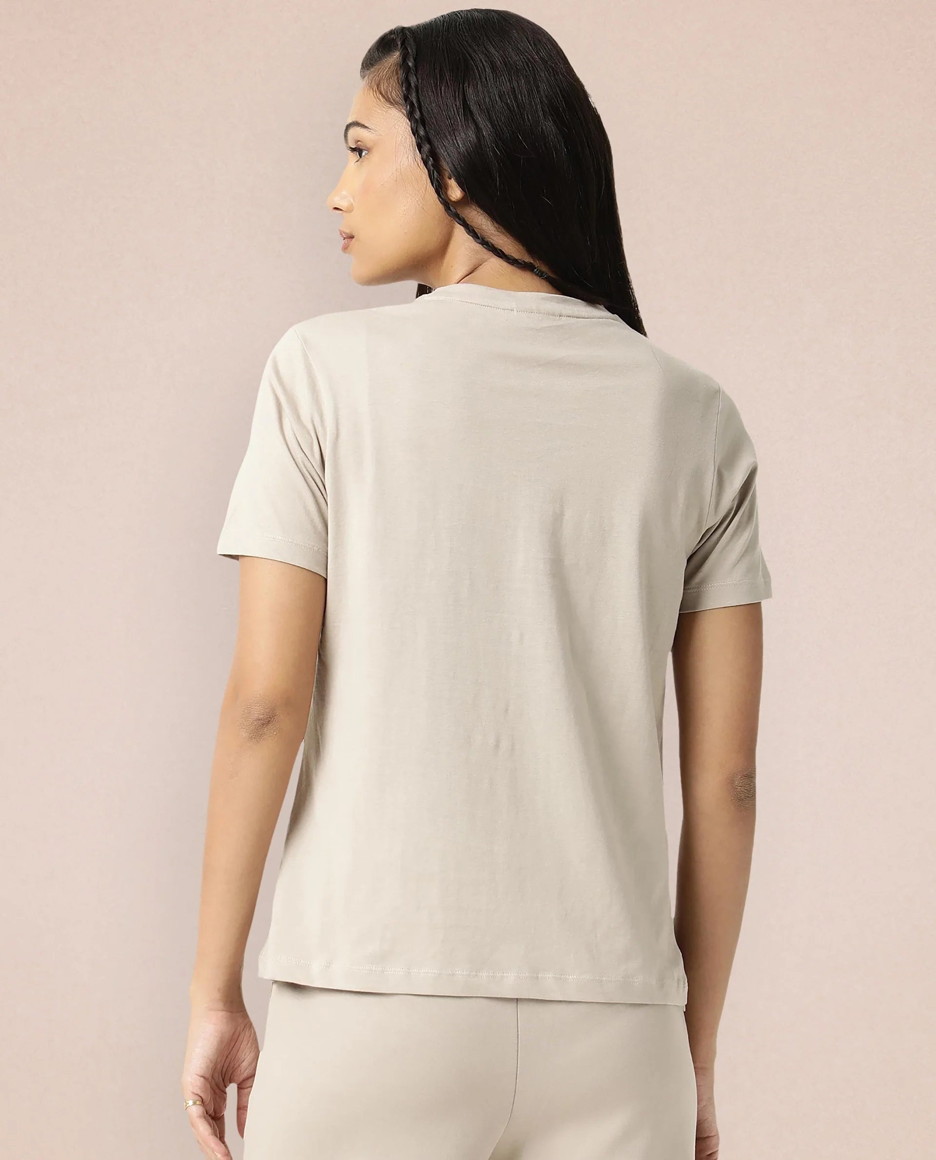 Rareism Women Arvi Beige Cotton Blend Fabric Regular Fit Half Sleeves Solid V-Neck T-Shirt