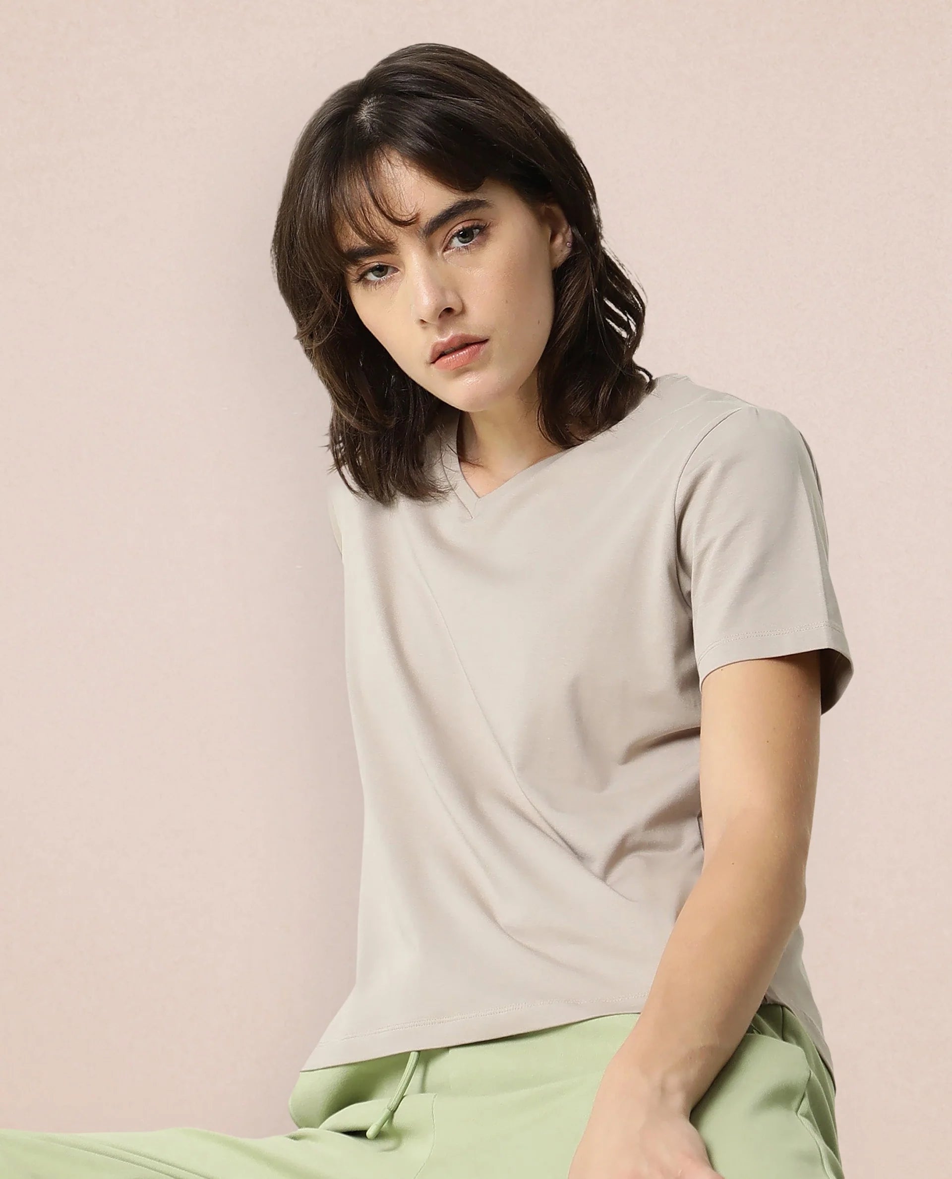 Rareism Women Arvi Beige Cotton Blend Fabric Regular Fit Half Sleeves Solid V-Neck T-Shirt