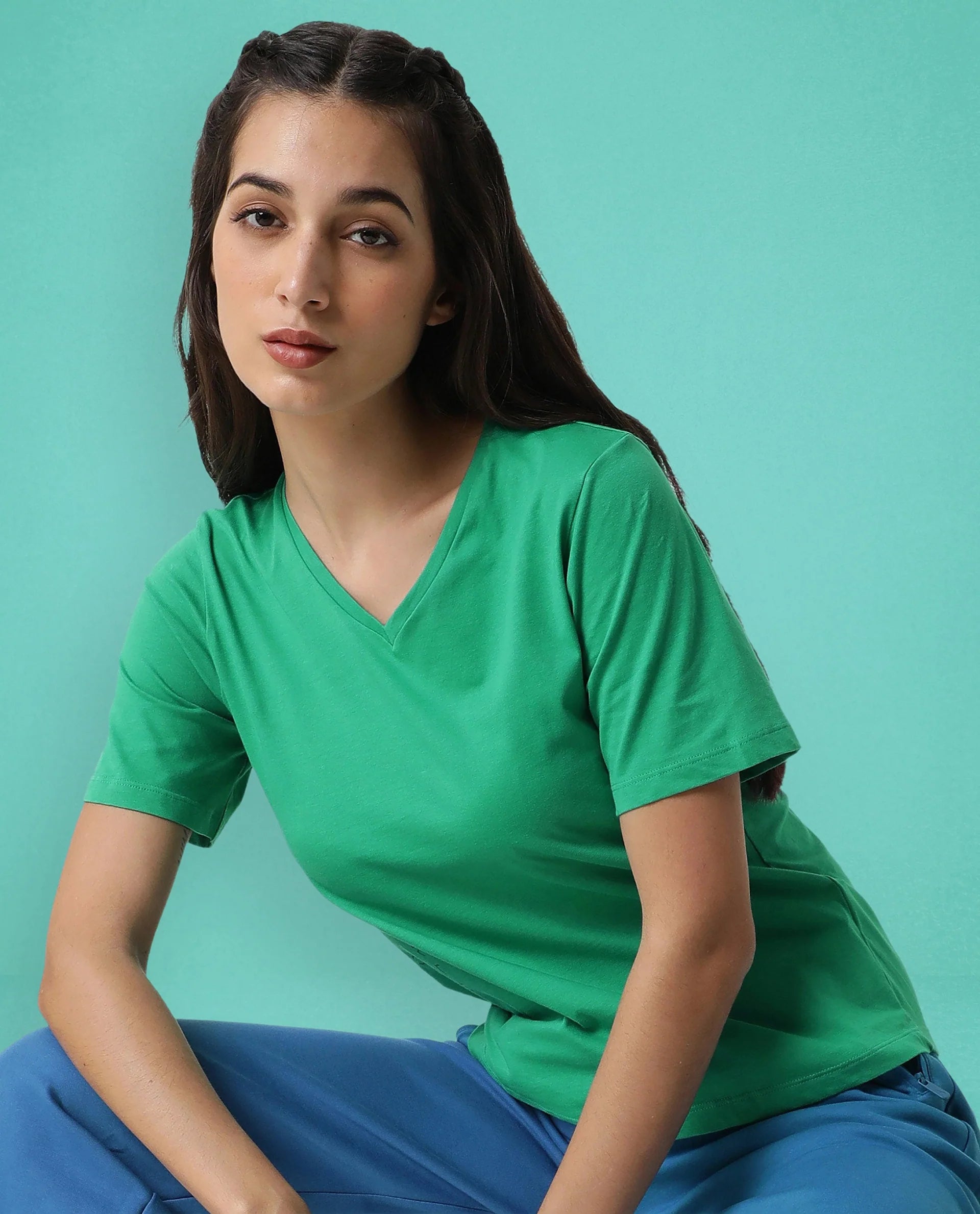 Rareism Women's Light Weight High Stretch 180 Gsm Cotton V-Neck Plain Regular Fit T-Shirt