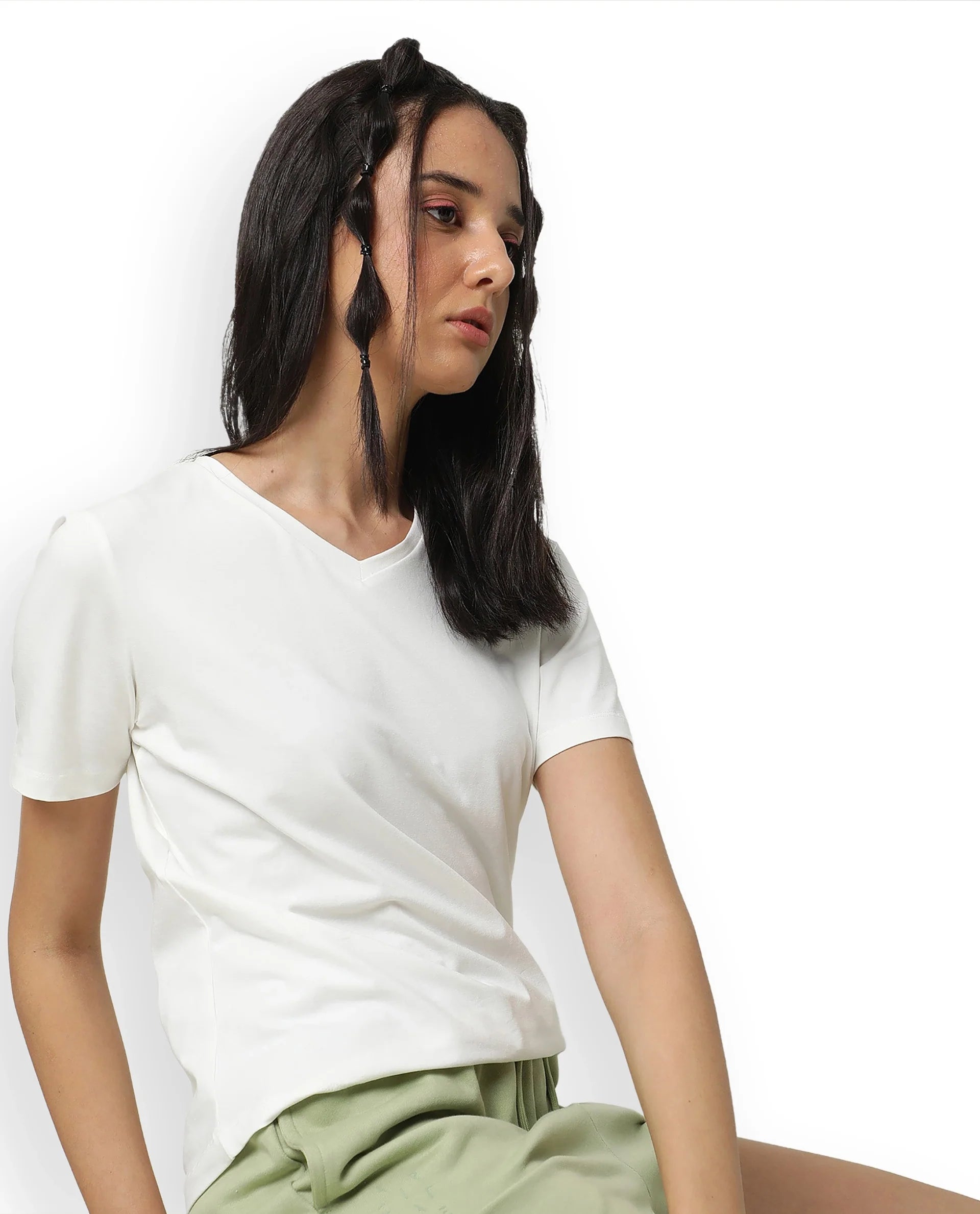 Rareism Women's Light Weight High Stretch 180 Gsm Cotton V-Neck Plain Regular Fit T-Shirt