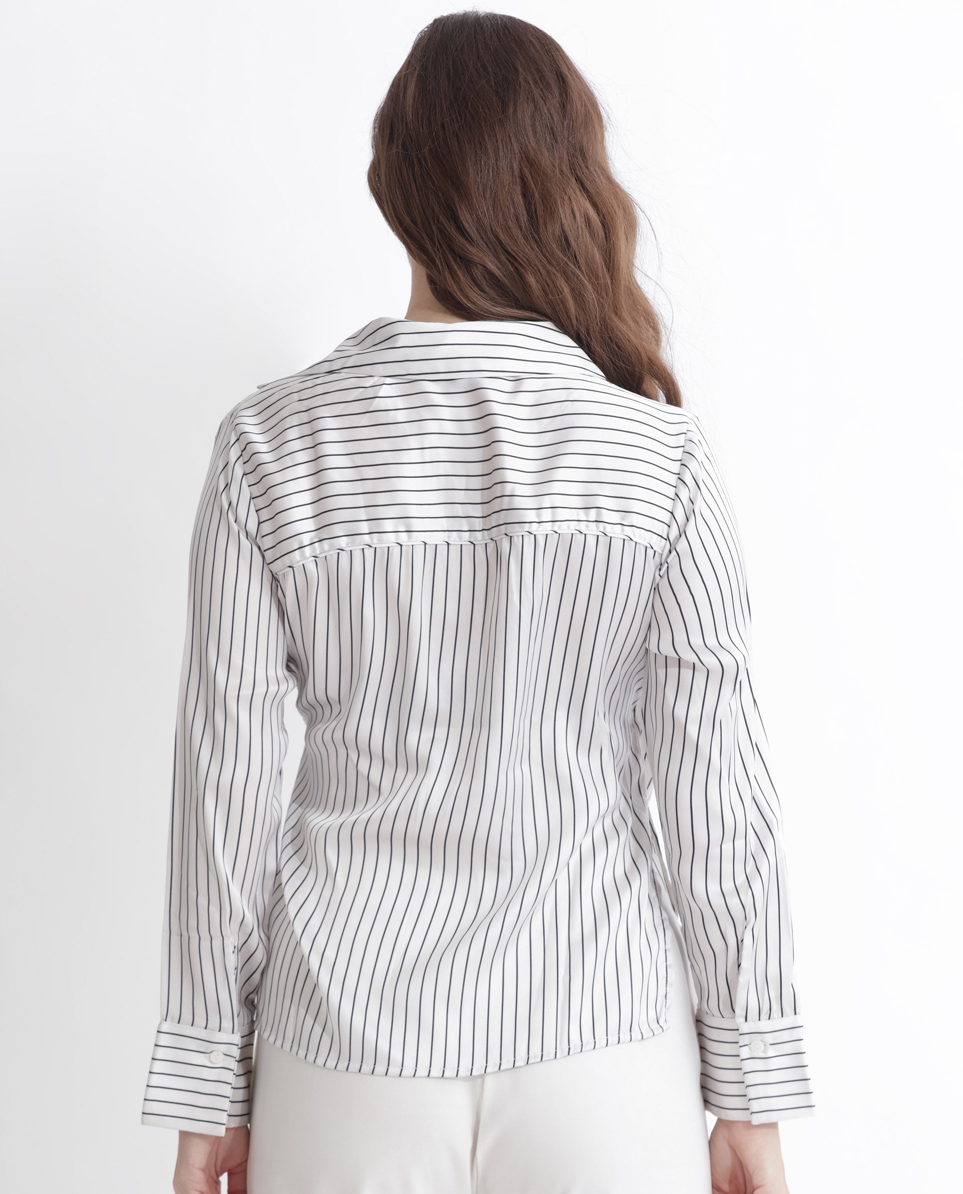 Rareism Women's Arzoo White Polyester Johnny Collar Striped Regular Fit Top