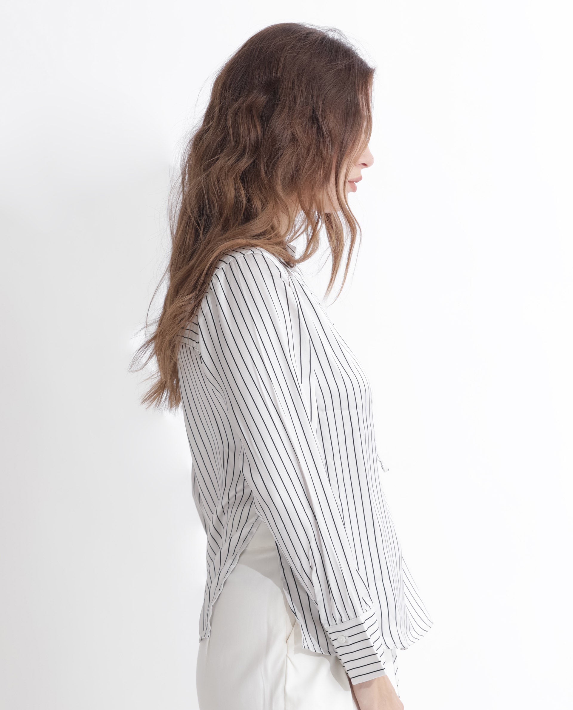 Rareism Women's Arzoo White Polyester Johnny Collar Striped Regular Fit Top