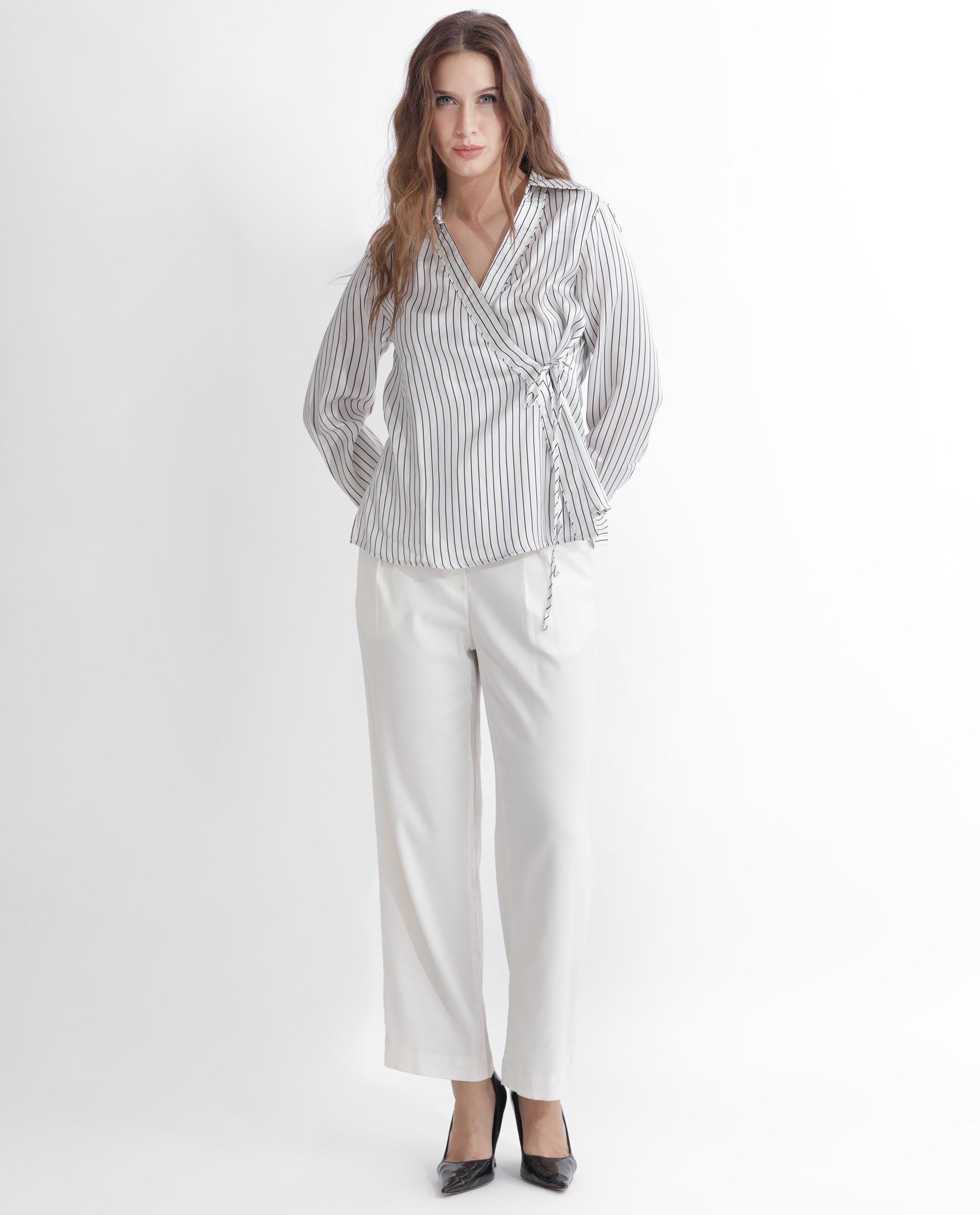 Rareism Women's Arzoo White Polyester Johnny Collar Striped Regular Fit Top