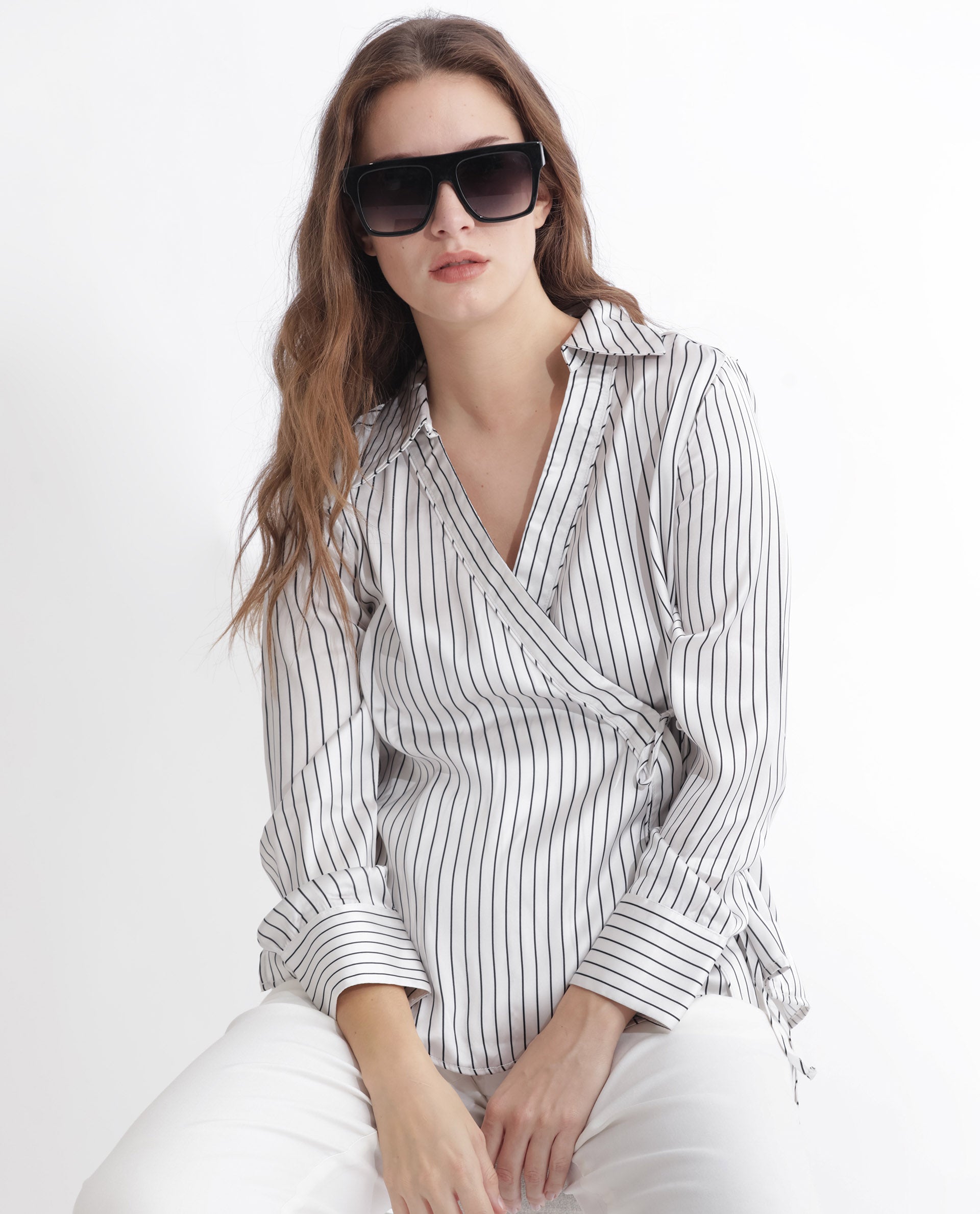 Rareism Women's Arzoo White Polyester Johnny Collar Striped Regular Fit Top