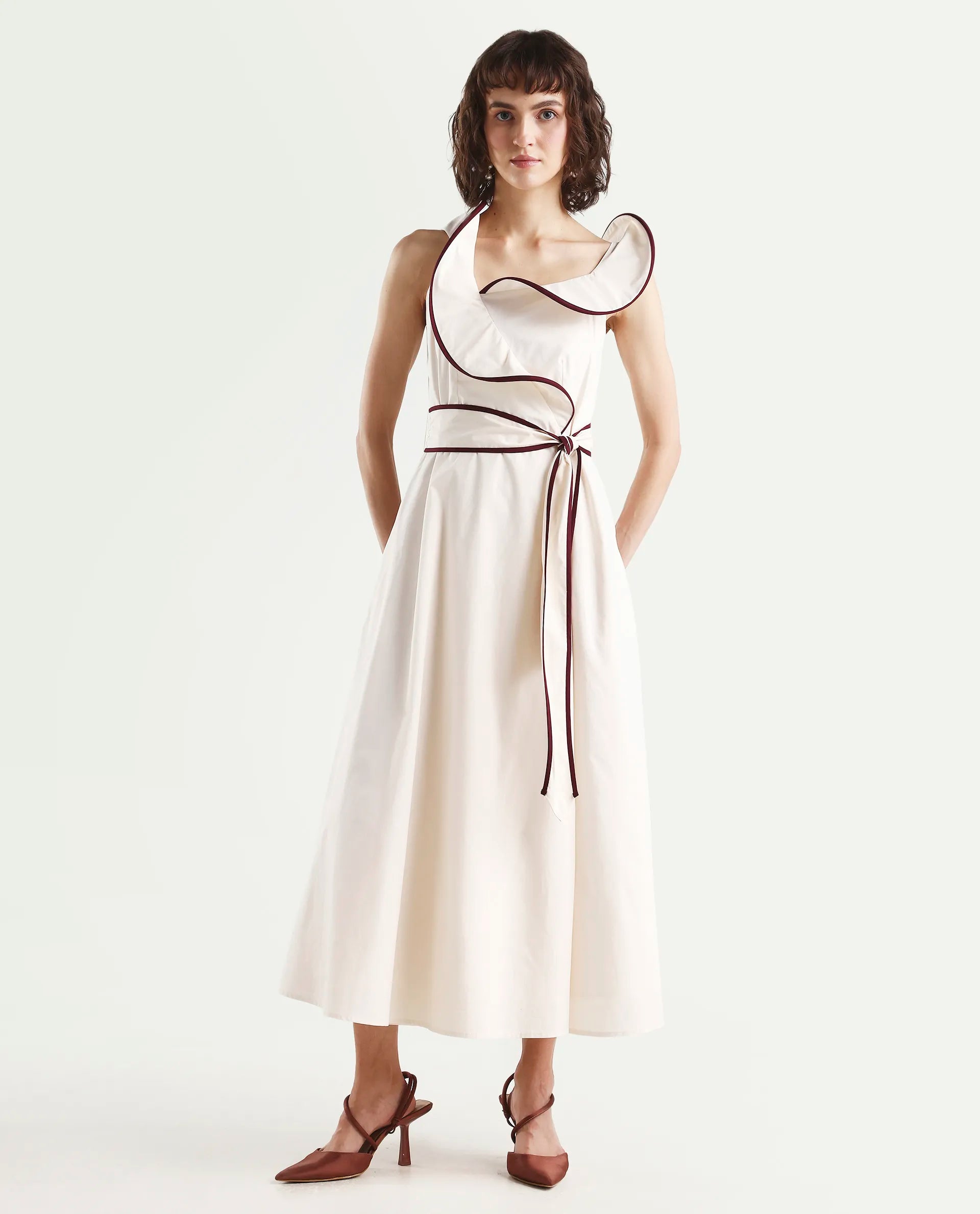 Rareism Women's Ashen Off White Cotton Sleeveless Fit And Flare Plain Dress