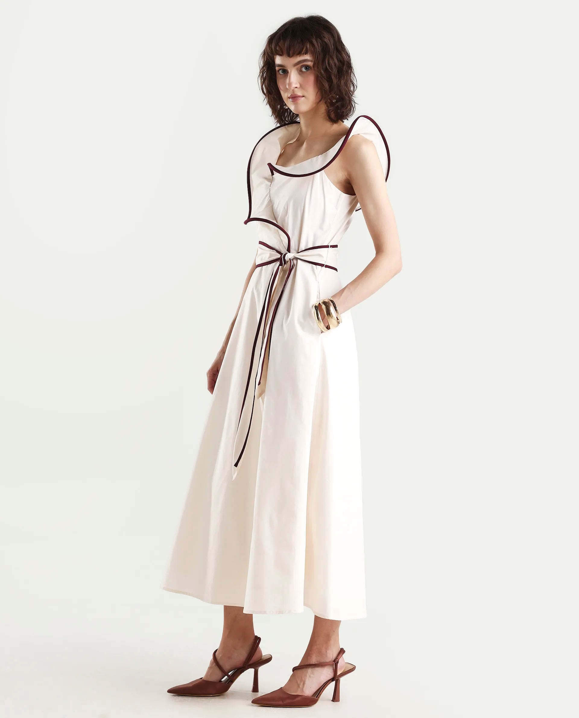 Rareism Women's Ashen Off White Cotton Sleeveless Fit And Flare Plain Dress